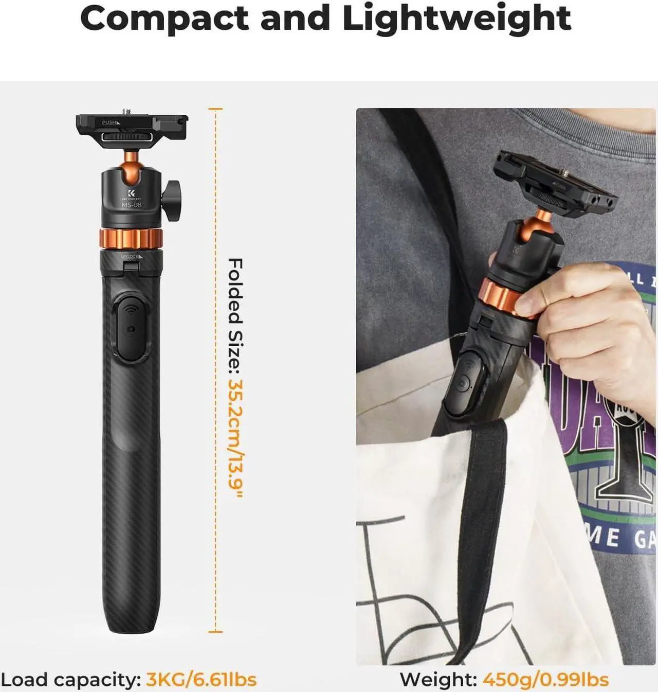 Alt view image 7 of 7 - K&F Concept 62'' Phone Selfie Stick Tripod, 2-in-1 Lightweight Cellphone Holder and Camera Stand with Remote, Compatible with GoPro/iPhone/Android/Camera/DJI OSMO Pocket 3