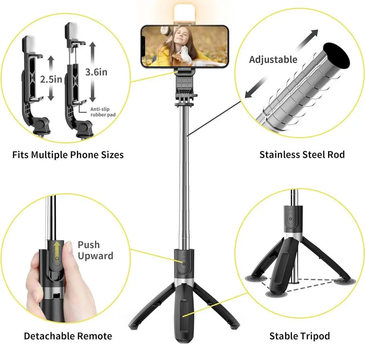 Alt view image 4 of 7 - Selfie Stick with Fill Light, 104cm Extendable Selfie Stick Tripod with Wireless Remote, 3 Light Modes, 6 Brightness Levels, Compatible with iPhone 14/13/12/11, Samsung Galaxy, Google, Huawei, etc