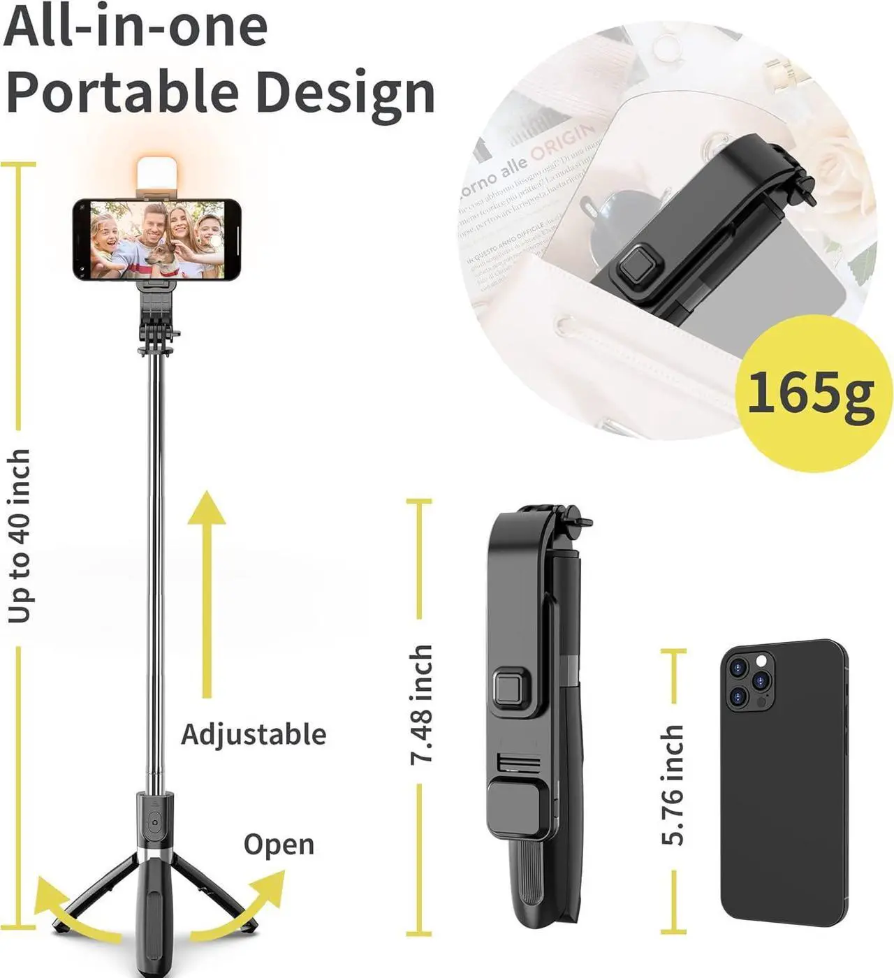 Alt view image 5 of 7 - Selfie Stick with Fill Light, 104cm Extendable Selfie Stick Tripod with Wireless Remote, 3 Light Modes, 6 Brightness Levels, Compatible with iPhone 14/13/12/11, Samsung Galaxy, Google, Huawei, etc