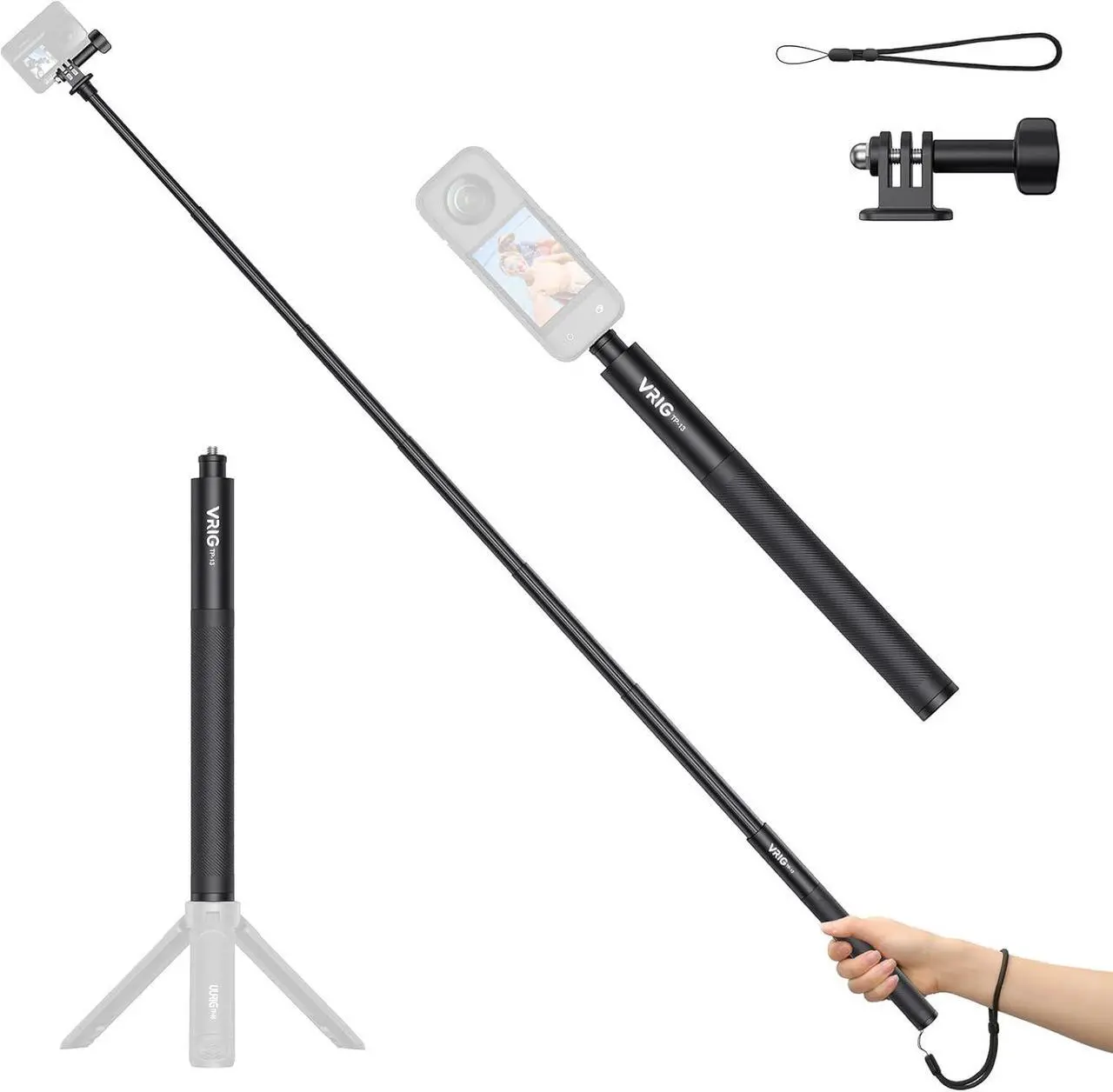 Main image of VRIG TP-13 52inch Invisible Selfie Stick for Insta360 for GoPro 11 10 9 8 7, ONE X3, X2, X, Insta360 ONE R, RS, Insta 360 Camera,1/4" Extended Monopod Pole compatiable with Sports Camera