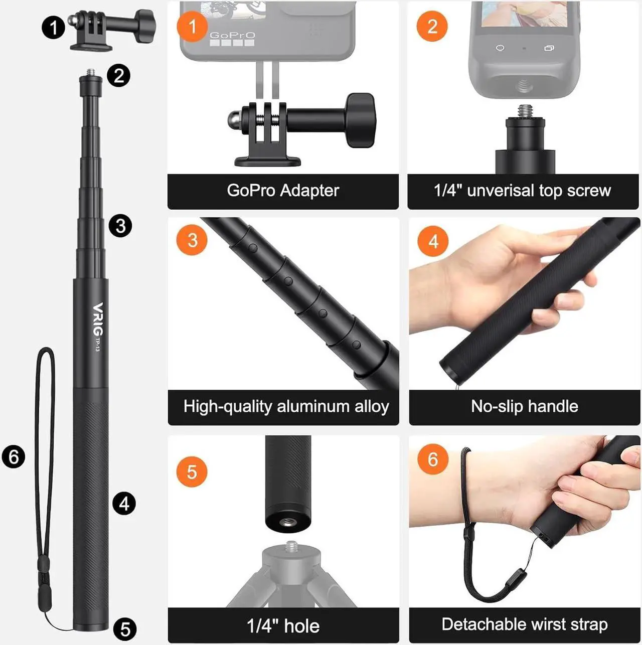 Alt view image 2 of 7 - VRIG TP-13 52inch Invisible Selfie Stick for Insta360 for GoPro 11 10 9 8 7, ONE X3, X2, X, Insta360 ONE R, RS, Insta 360 Camera,1/4" Extended Monopod Pole compatiable with Sports Camera