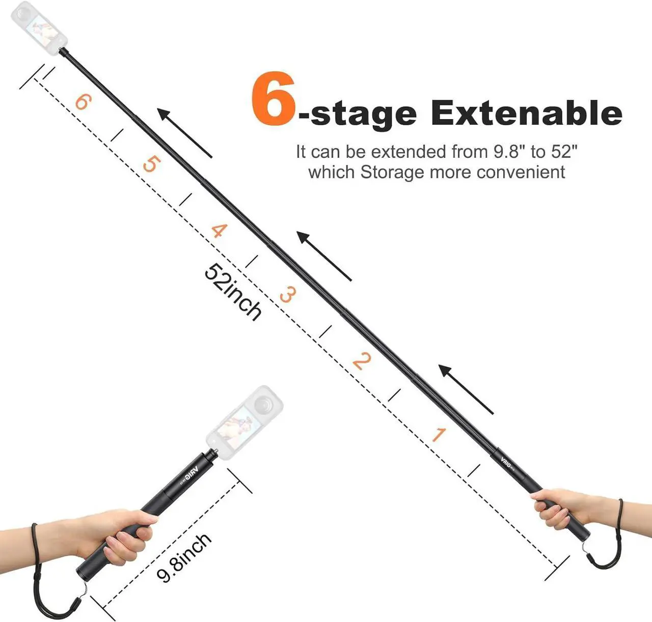 Alt view image 3 of 7 - VRIG TP-13 52inch Invisible Selfie Stick for Insta360 for GoPro 11 10 9 8 7, ONE X3, X2, X, Insta360 ONE R, RS, Insta 360 Camera,1/4" Extended Monopod Pole compatiable with Sports Camera