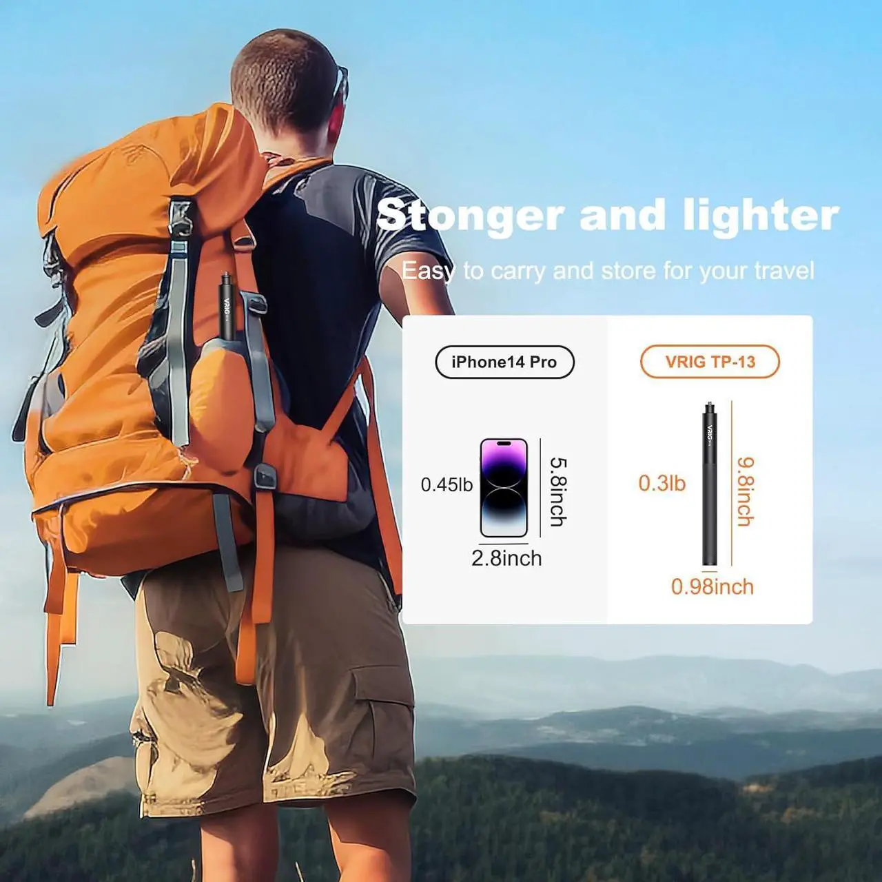 Alt view image 5 of 7 - VRIG TP-13 52inch Invisible Selfie Stick for Insta360 for GoPro 11 10 9 8 7, ONE X3, X2, X, Insta360 ONE R, RS, Insta 360 Camera,1/4" Extended Monopod Pole compatiable with Sports Camera