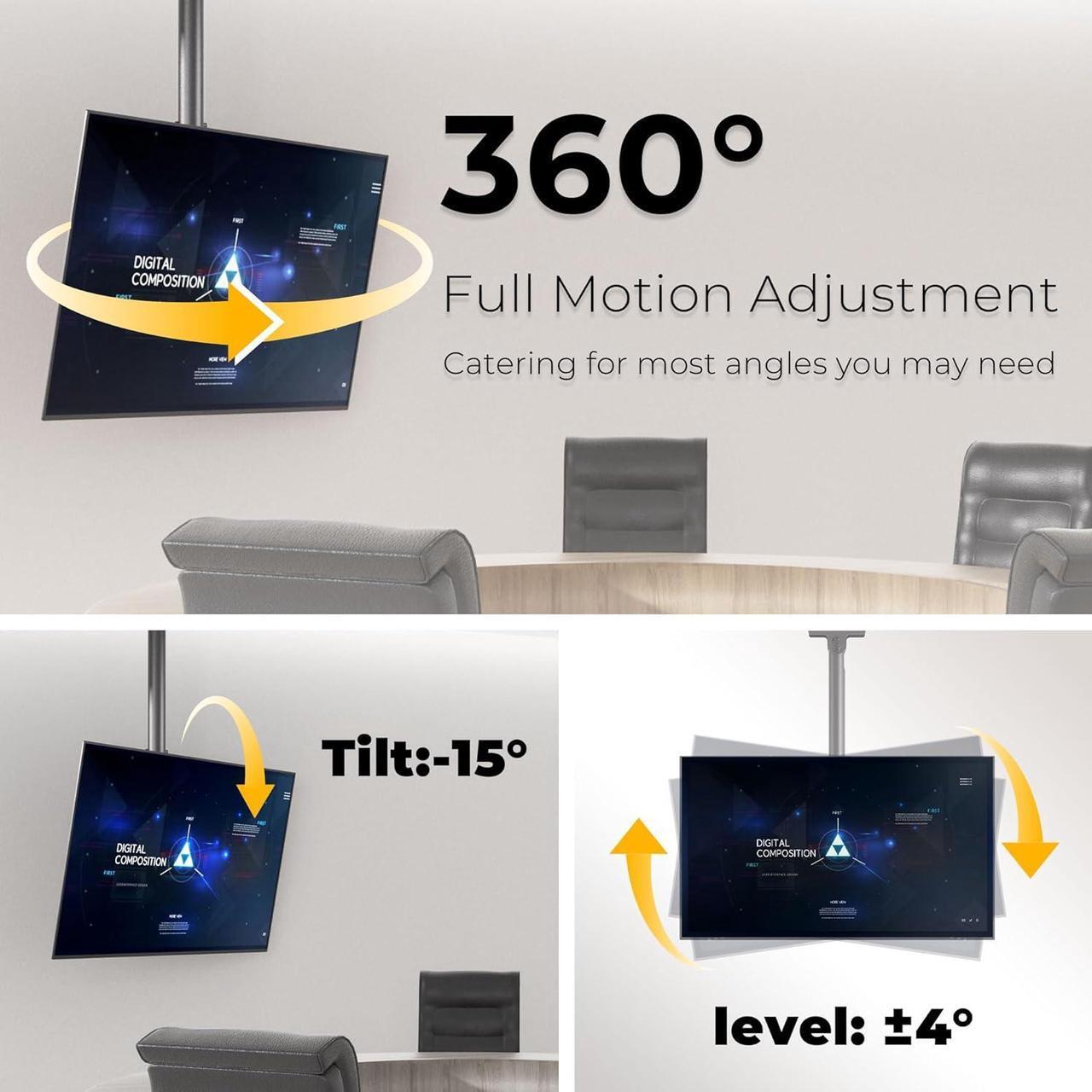 Alt view image 2 of 7 - Ceiling TV Wall Mount Bracket Fits Most 24 to 65 inch Flat/Curved TVs, Height Adjustable Full Motion Hanging TV Mount Holds up to 88 lbs, 360° Rotation Flip Down TV Hanger with Swivel and Tilt
