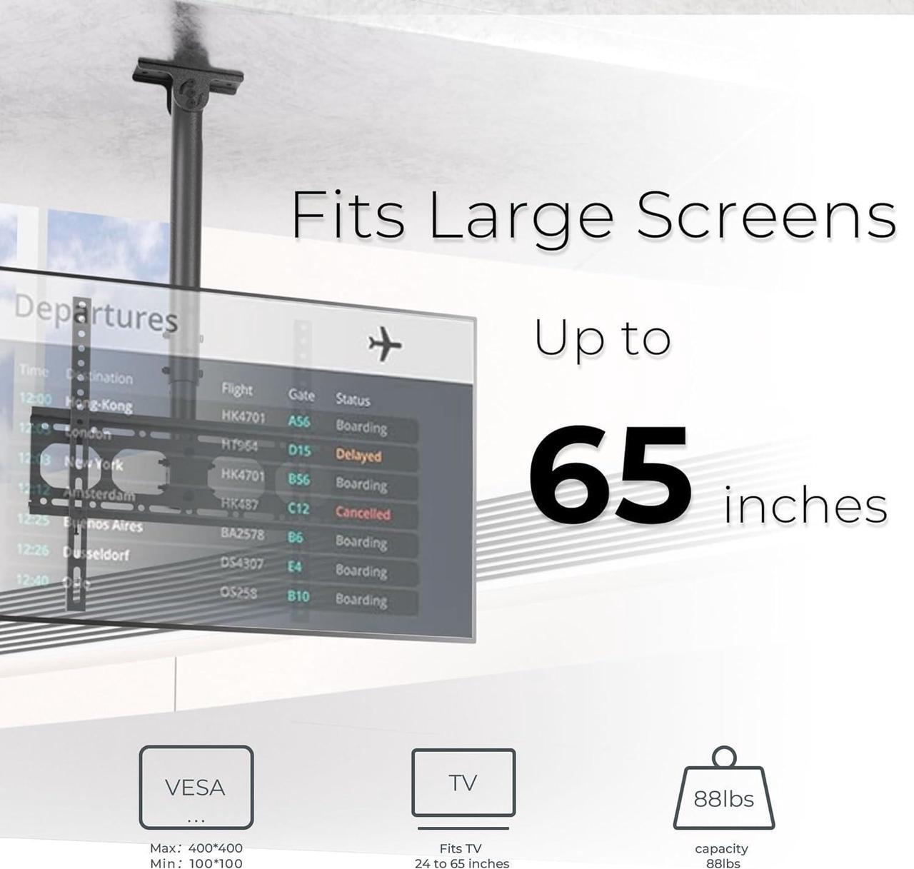 Alt view image 4 of 7 - Ceiling TV Wall Mount Bracket Fits Most 24 to 65 inch Flat/Curved TVs, Height Adjustable Full Motion Hanging TV Mount Holds up to 88 lbs, 360° Rotation Flip Down TV Hanger with Swivel and Tilt