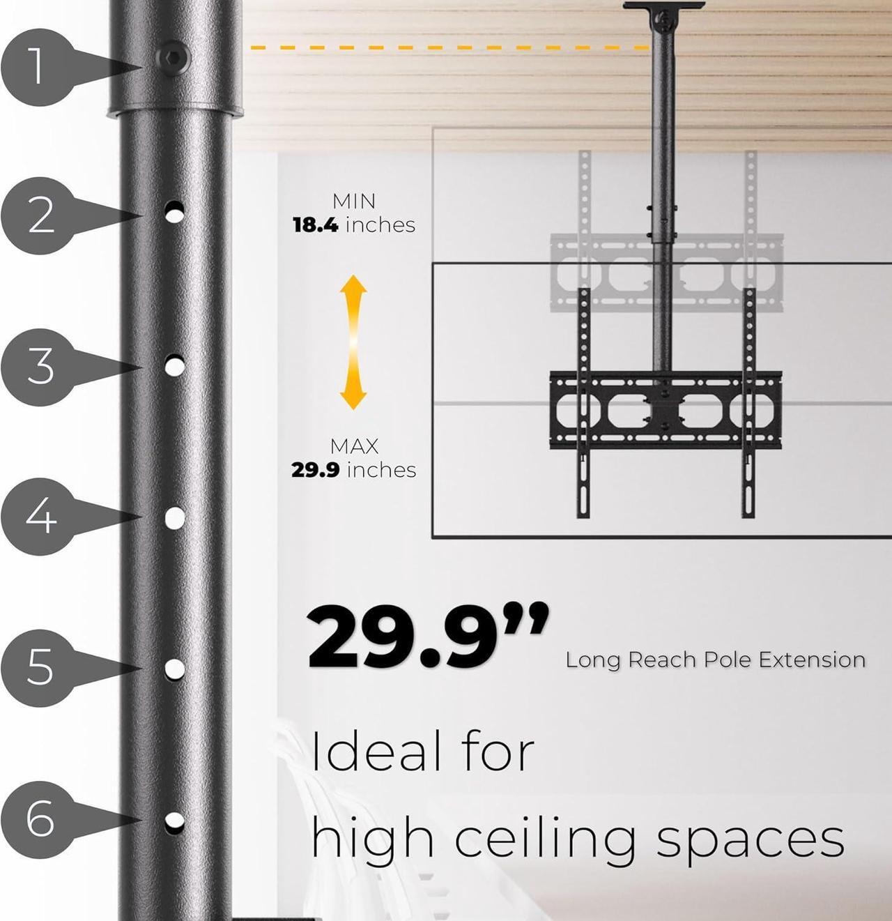 Alt view image 6 of 7 - Ceiling TV Wall Mount Bracket Fits Most 24 to 65 inch Flat/Curved TVs, Height Adjustable Full Motion Hanging TV Mount Holds up to 88 lbs, 360° Rotation Flip Down TV Hanger with Swivel and Tilt