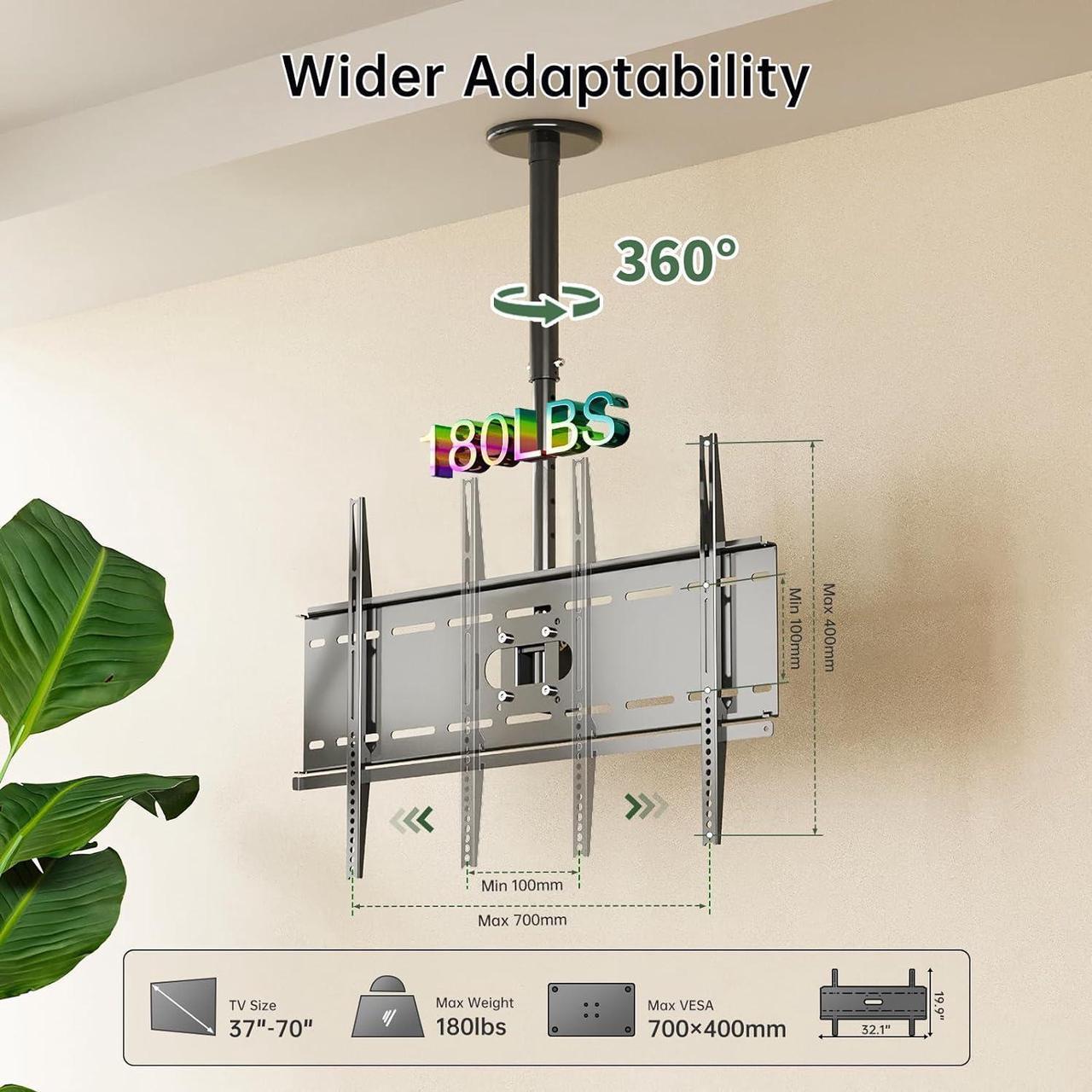 Alt view image 2 of 6 - TV Ceiling Mount, Height Adjustable TV Mount Bracket, Hanging Tilt 15° Swivel 360 Rotation Full Motion TV Pole Mount, fits Most 37-70 TVs, Holds Up to 180 lbs,700x400mm VESA Max, Black