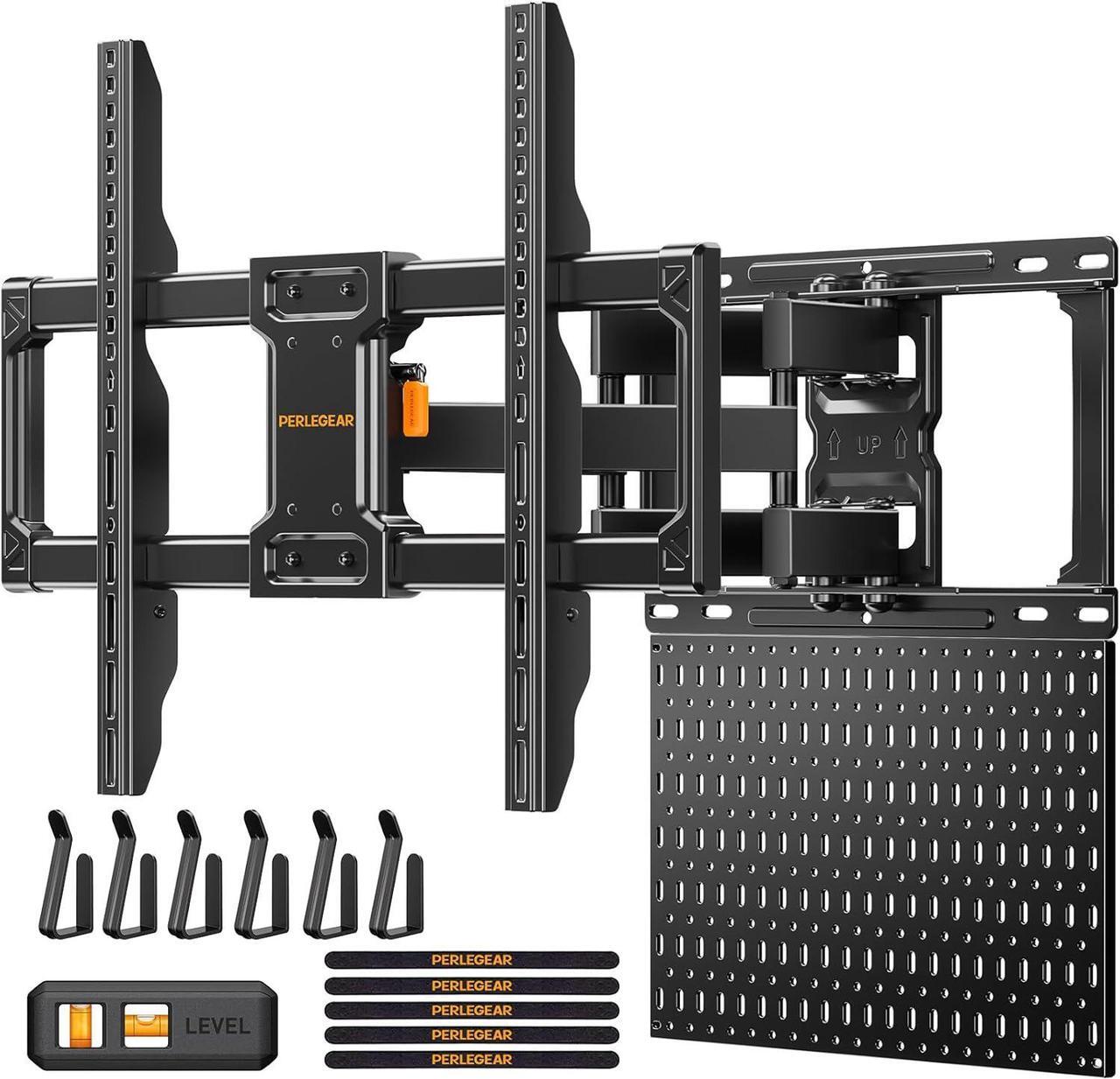 Main image of PERLEGEAR Full Motion TV Mount with Metal Pegboard for Most 42-84 inch Flat or Curved TVs up to 132 lbs, TV Wall Mount with Swivel & Tool-Free Tilt, Max VESA 600x400mm, Fits 12/16 Wood Studs, PGLF17