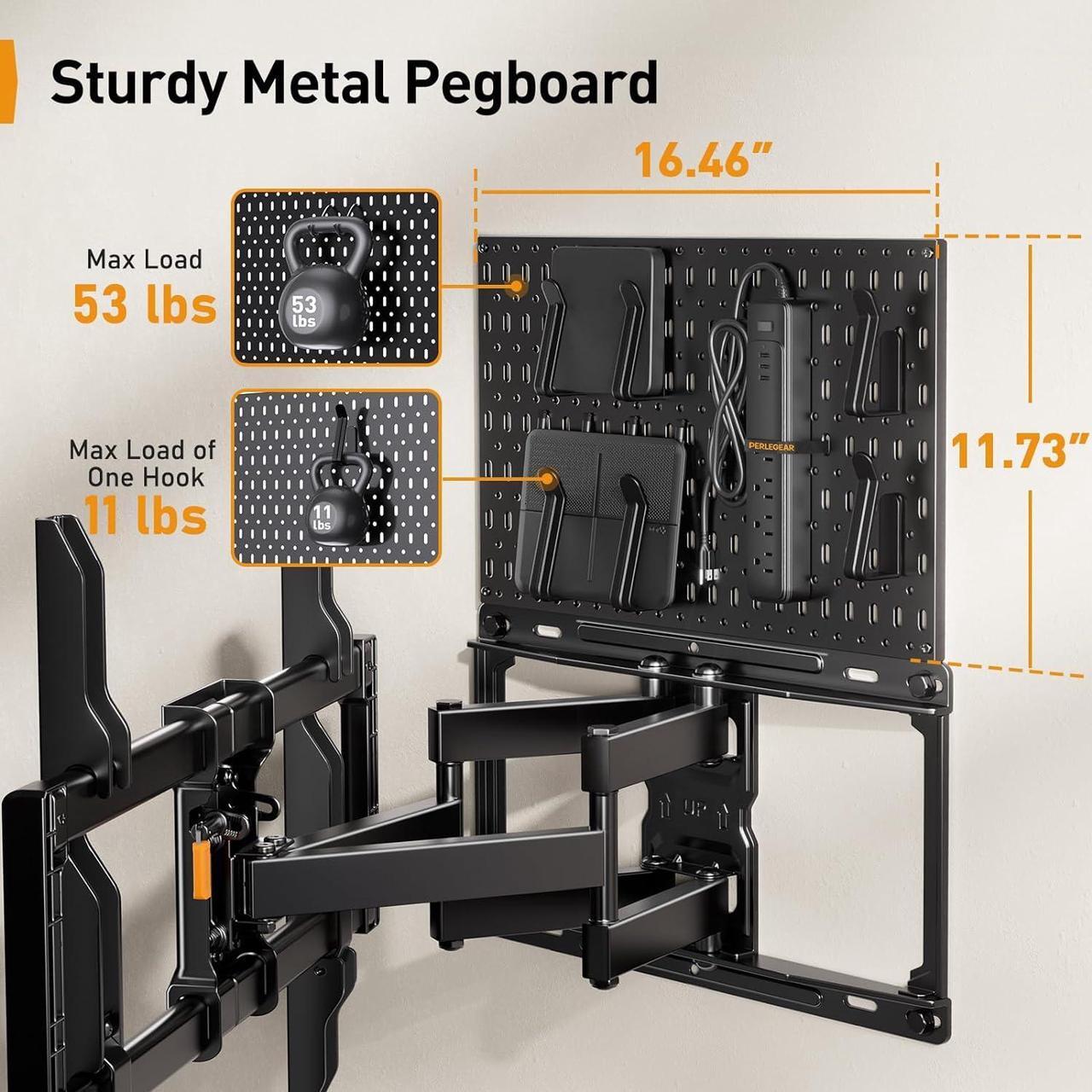 Alt view image 6 of 7 - PERLEGEAR Full Motion TV Mount with Metal Pegboard for Most 42-84 inch Flat or Curved TVs up to 132 lbs, TV Wall Mount with Swivel & Tool-Free Tilt, Max VESA 600x400mm, Fits 12/16 Wood Studs, PGLF17