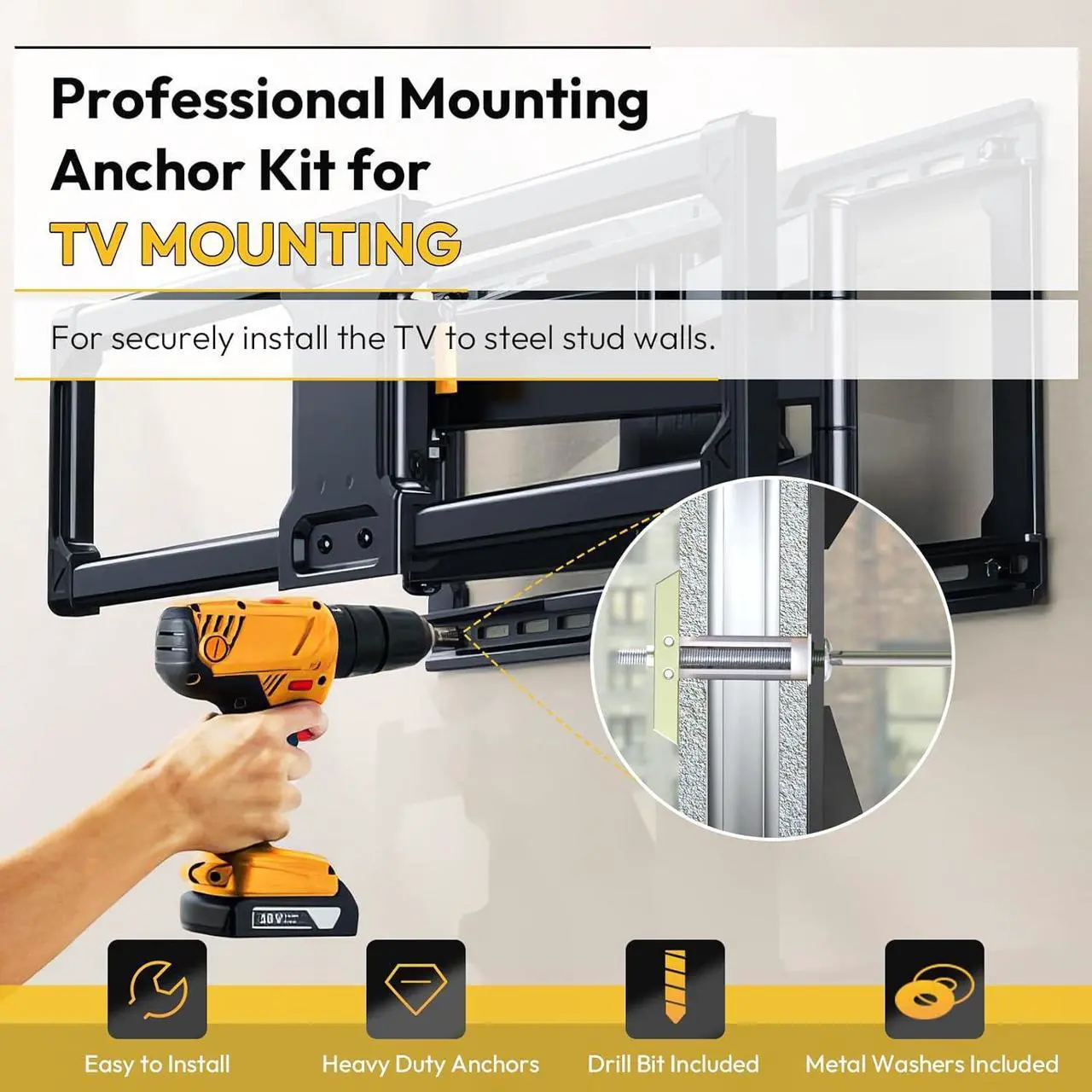 Alt view image 3 of 7 - Steel Stud TV Mounting Kit, Metal Stud TV Mount Kit for Tilt & Low Profile TV, Drywall Anchors for TV Mounting Kit Includes 4 Wall Anchors (1/4) & Bolts, Steel Drill Bit and TV Mounting Hardware