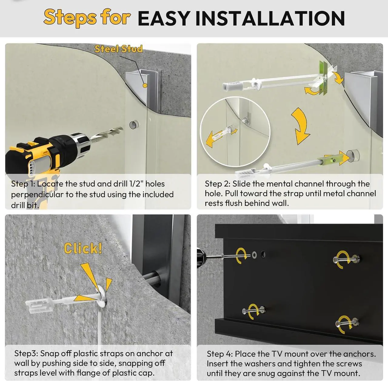 Alt view image 6 of 7 - Steel Stud TV Mounting Kit, Metal Stud TV Mount Kit for Tilt & Low Profile TV, Drywall Anchors for TV Mounting Kit Includes 4 Wall Anchors (1/4) & Bolts, Steel Drill Bit and TV Mounting Hardware