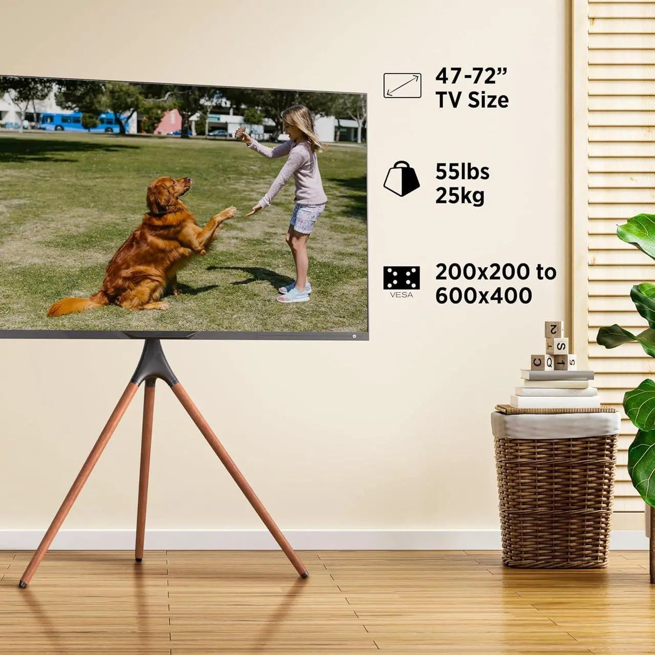 Alt view image 2 of 7 - ProMounts Easel Floor TV Stand with Tripod Base for 47-72 inch LED LCD OLED Flat and Curved Screens, Portable Height Adjustable TV Stand Mount for Bedroom, Living Room, Studio