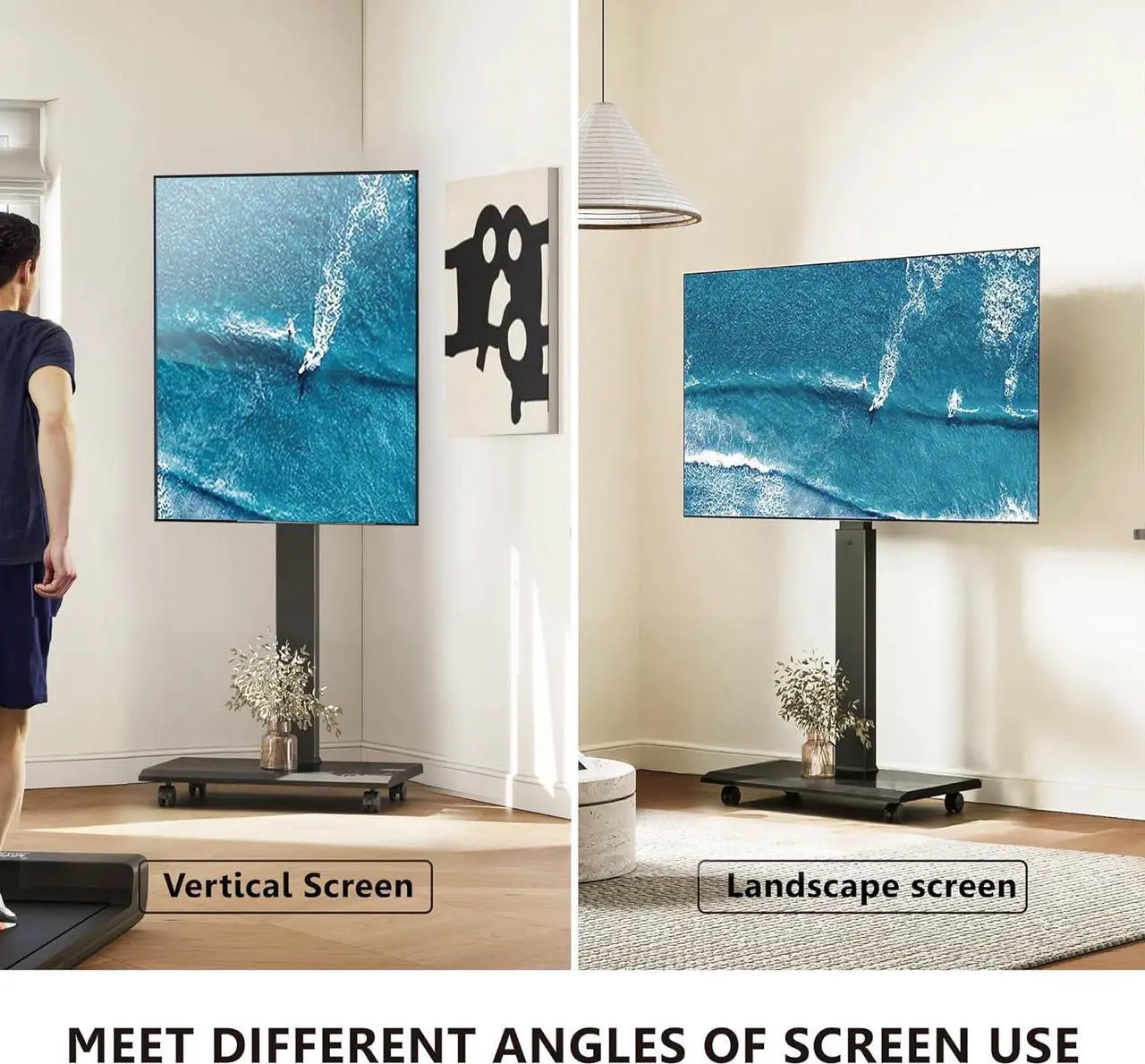 Alt view image 2 of 7 - FITUEYES Rolling TV Stand - Portable Mobile TV Cart on Wheels for 32 to 65 70 75 Inch TVs, Landscape to Portrait Rotating and 40°Swivel, Height Adjustable TV Cart Rolling TV Stand Hold Up to 88 Lbs