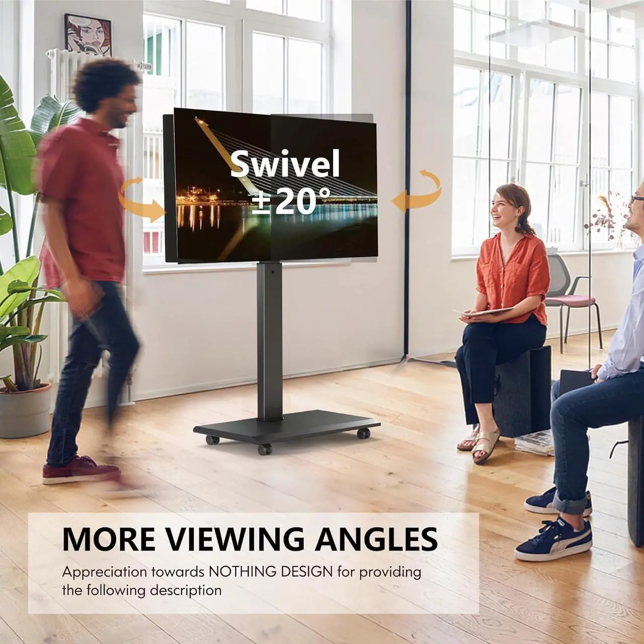 Alt view image 3 of 7 - FITUEYES Rolling TV Stand - Portable Mobile TV Cart on Wheels for 32 to 65 70 75 Inch TVs, Landscape to Portrait Rotating and 40°Swivel, Height Adjustable TV Cart Rolling TV Stand Hold Up to 88 Lbs