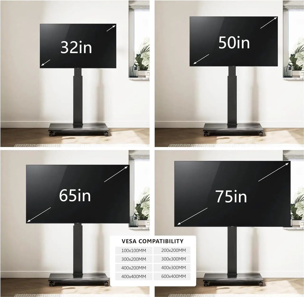 Alt view image 5 of 7 - FITUEYES Rolling TV Stand - Portable Mobile TV Cart on Wheels for 32 to 65 70 75 Inch TVs, Landscape to Portrait Rotating and 40°Swivel, Height Adjustable TV Cart Rolling TV Stand Hold Up to 88 Lbs