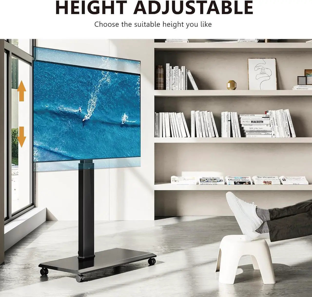 Alt view image 6 of 7 - FITUEYES Rolling TV Stand - Portable Mobile TV Cart on Wheels for 32 to 65 70 75 Inch TVs, Landscape to Portrait Rotating and 40°Swivel, Height Adjustable TV Cart Rolling TV Stand Hold Up to 88 Lbs