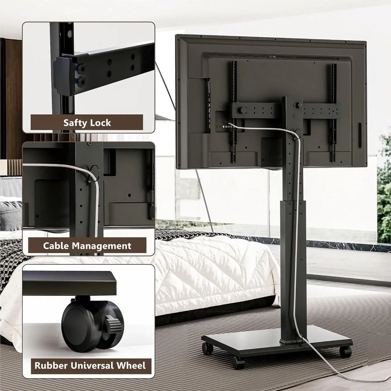 Alt view image 7 of 7 - FITUEYES Rolling TV Stand - Portable Mobile TV Cart on Wheels for 32 to 65 70 75 Inch TVs, Landscape to Portrait Rotating and 40°Swivel, Height Adjustable TV Cart Rolling TV Stand Hold Up to 88 Lbs