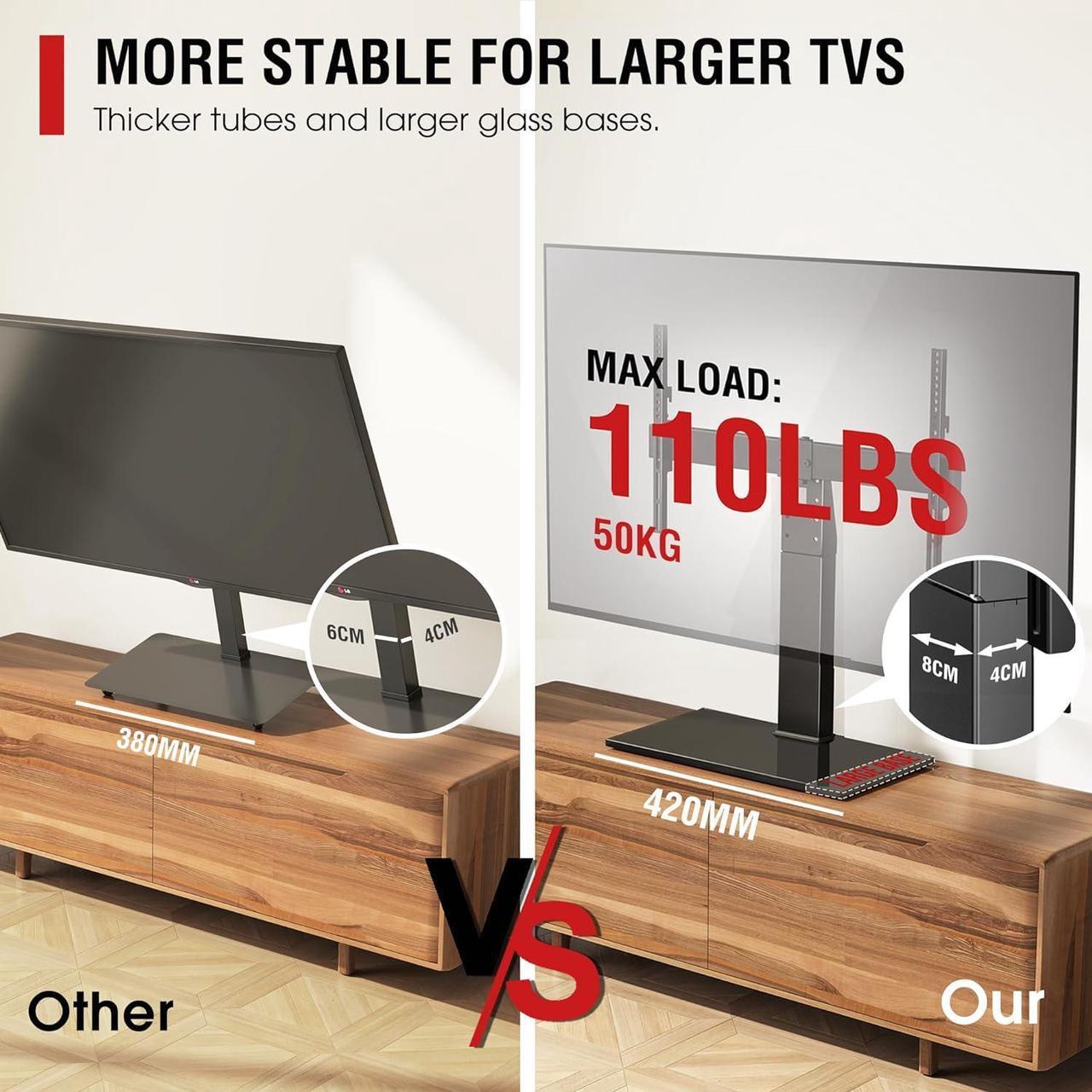 Alt view image 3 of 7 - Universal Swivel TV Stand Base - Table Top TV Stand for 32 to 70 75 Inch TVs, Height Adjustable TV Mount Stand with Tempered Glass Base for Living Room, Bedroom, Holds up to 110lbs, Max VESA 600x400mm