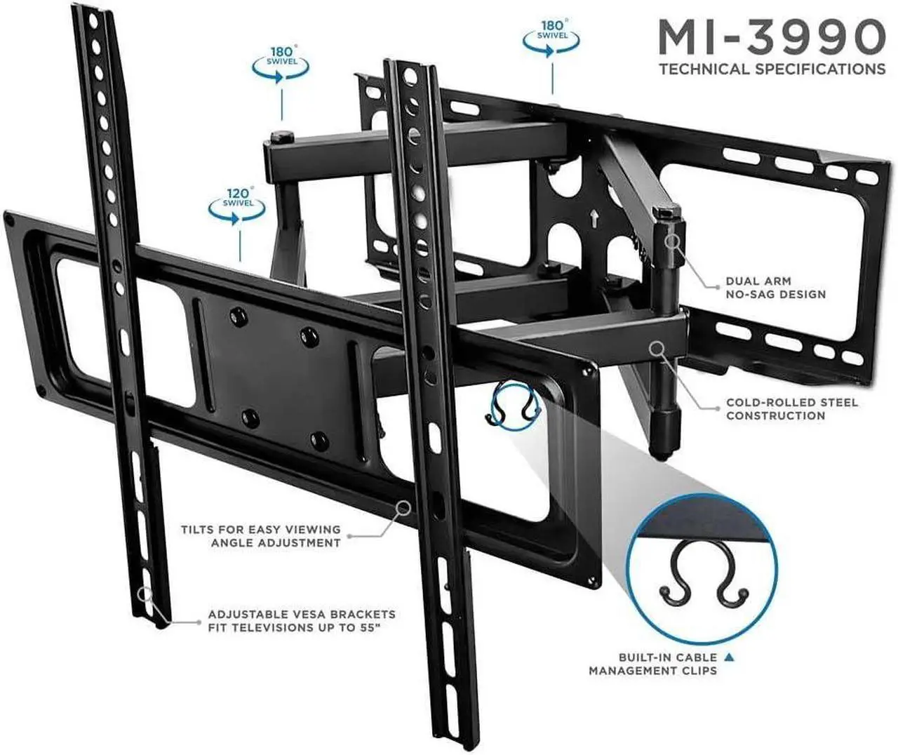 Alt view image 5 of 7 - Mount-It! Full Motion TV Wall Mount | Dual Arm Articulating TV Mount | Low Profile Flat Screen Bracket with Tilt and Swivel | Fits 32-55 Inches TV, VESA Compatible up to 400 x 400mm | 88 Lbs Capacity