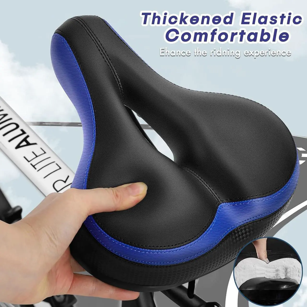 Alt view image 2 of 6 - TONBUX Comfortable Bicycle Seat, Bike Seat Replacement with Dual Shock Absorbing Ball Wide Bike Seat Memory Foam Bicycle Seat with Mounting Wrench