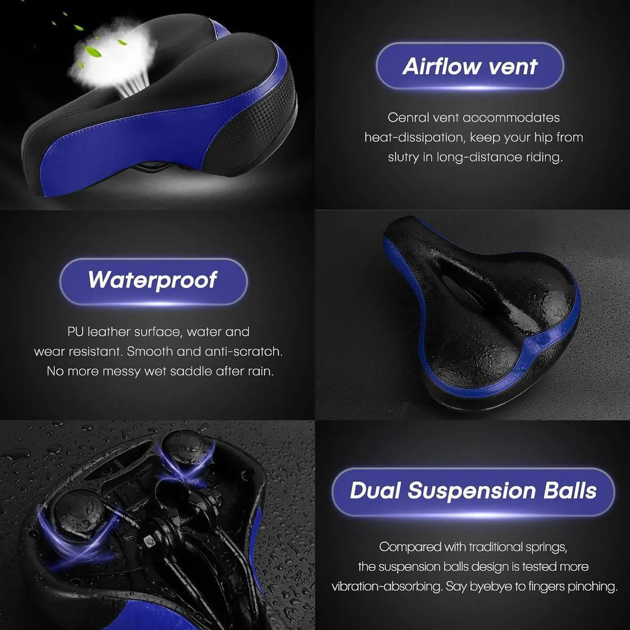 Alt view image 3 of 6 - TONBUX Comfortable Bicycle Seat, Bike Seat Replacement with Dual Shock Absorbing Ball Wide Bike Seat Memory Foam Bicycle Seat with Mounting Wrench