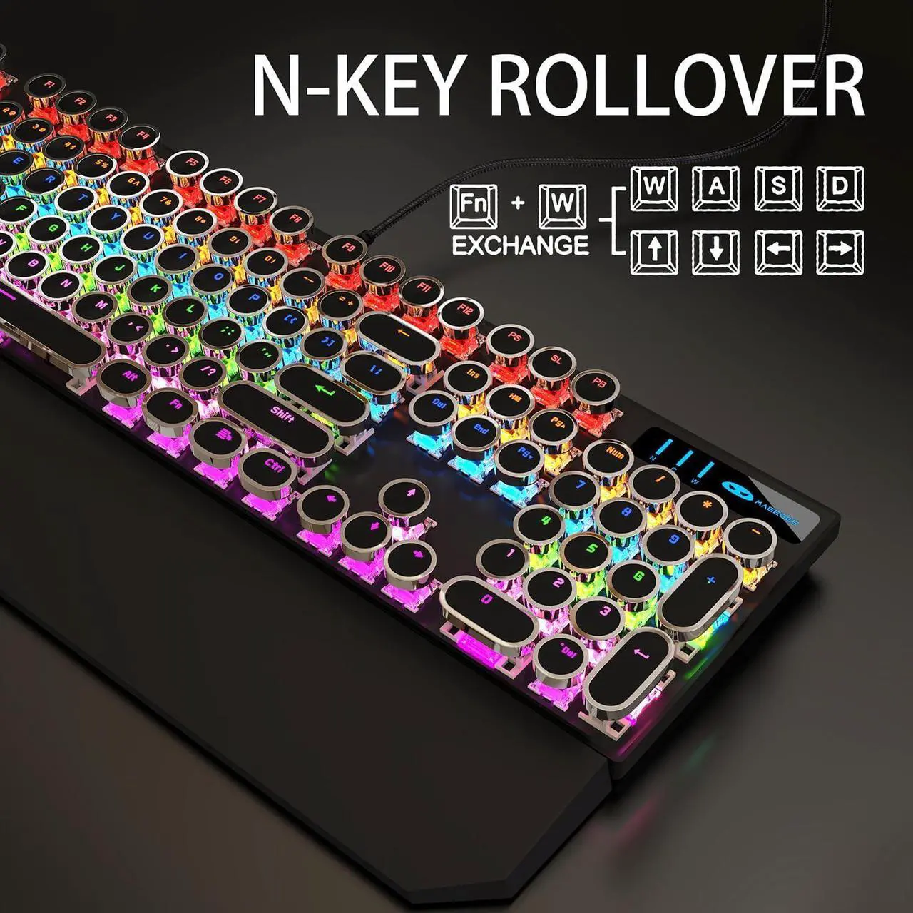 Alt view image 2 of 7 - Camiysn Typewriter Style Mechanical Gaming Keyboard, Black Retro Punk Gaming Keyboard with RGB Backlit, 104 Keys Blue Switch Wired Cute Keyboard, Round Keycaps for Windows/Mac/PC