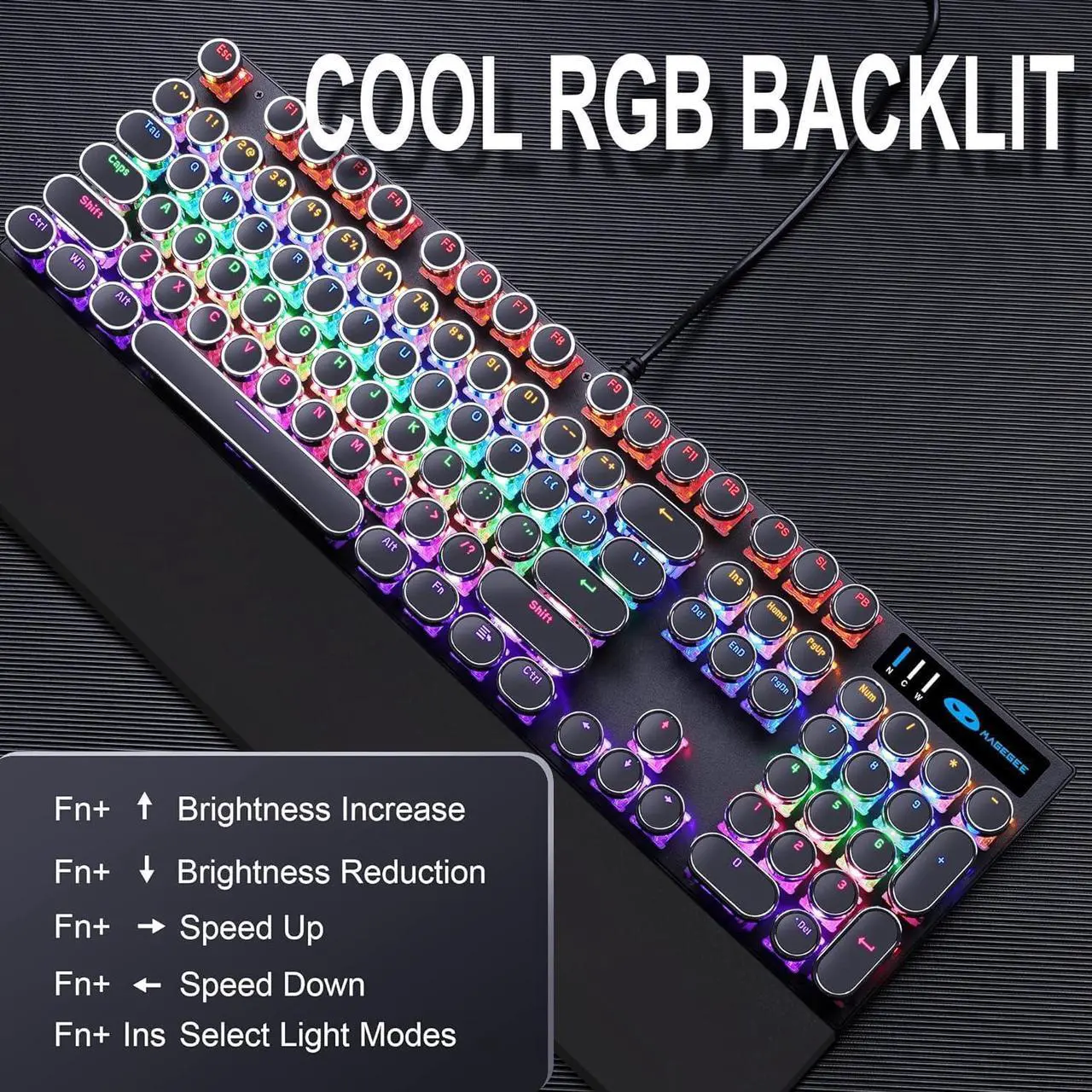 Alt view image 3 of 7 - Camiysn Typewriter Style Mechanical Gaming Keyboard, Black Retro Punk Gaming Keyboard with RGB Backlit, 104 Keys Blue Switch Wired Cute Keyboard, Round Keycaps for Windows/Mac/PC