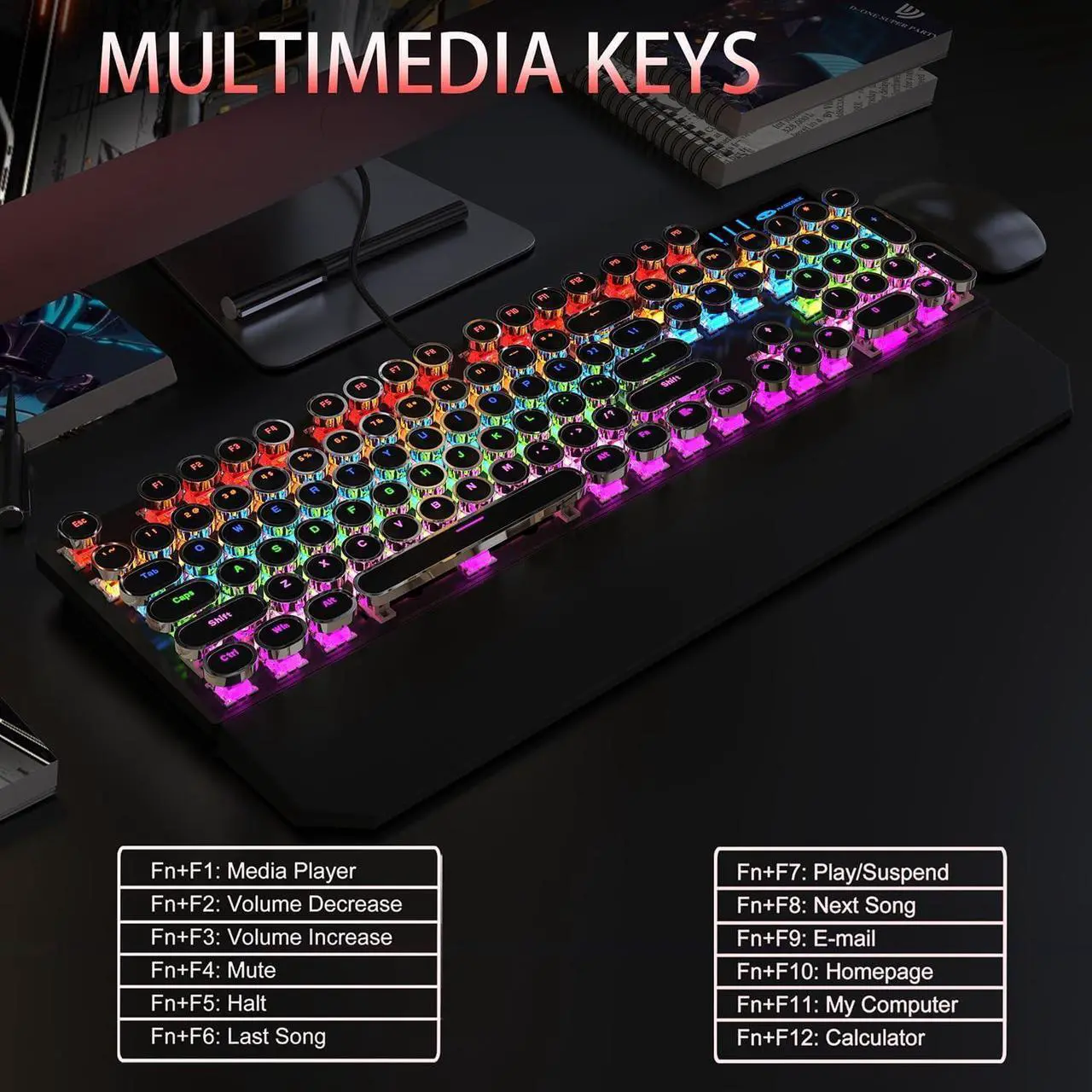 Alt view image 5 of 7 - Camiysn Typewriter Style Mechanical Gaming Keyboard, Black Retro Punk Gaming Keyboard with RGB Backlit, 104 Keys Blue Switch Wired Cute Keyboard, Round Keycaps for Windows/Mac/PC