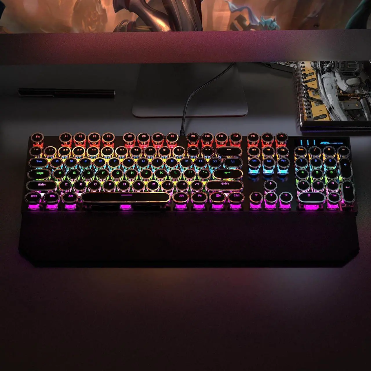 Alt view image 7 of 7 - Camiysn Typewriter Style Mechanical Gaming Keyboard, Black Retro Punk Gaming Keyboard with RGB Backlit, 104 Keys Blue Switch Wired Cute Keyboard, Round Keycaps for Windows/Mac/PC