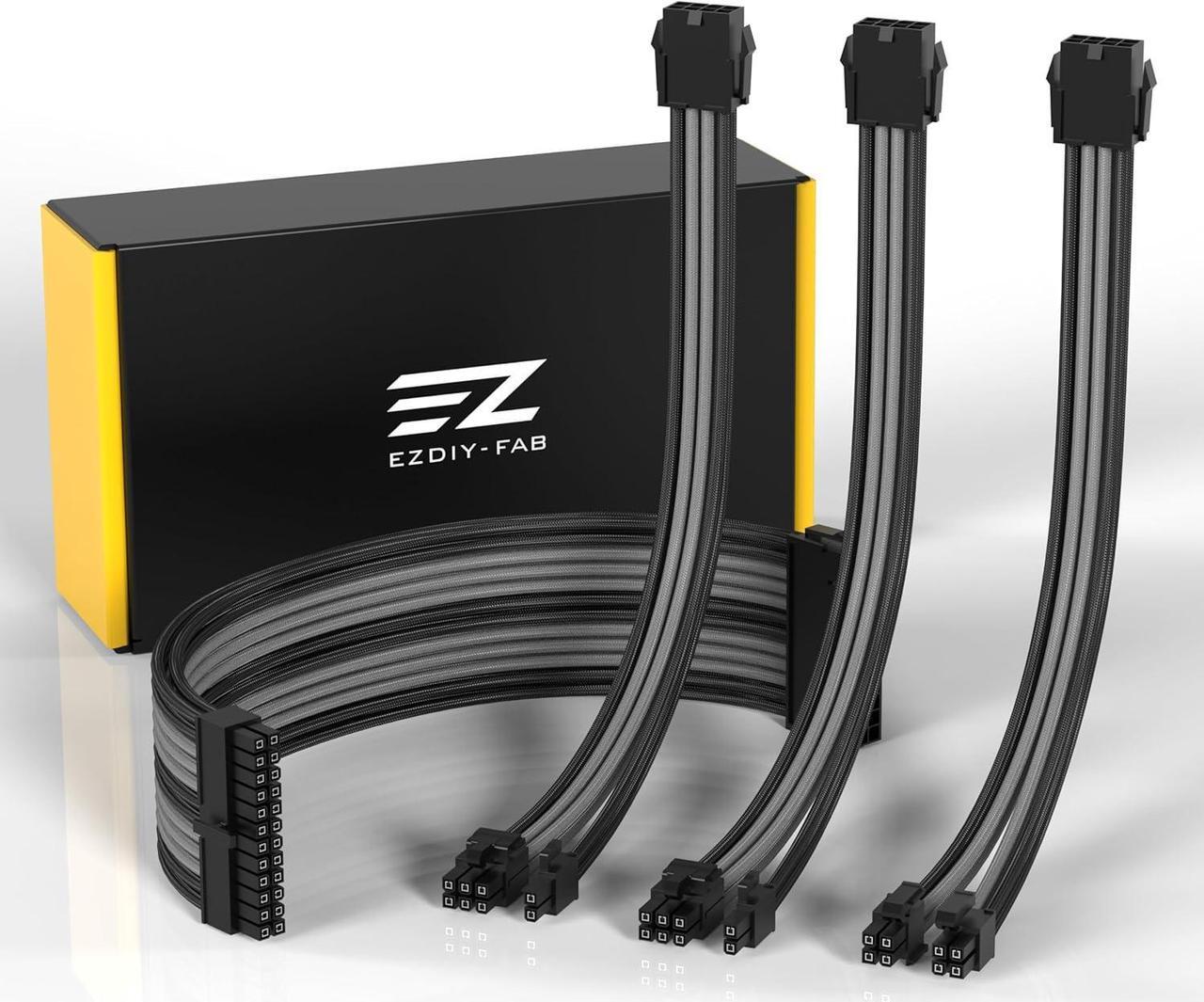Main image of EZDIY-FAB PSU Extension Cable Sleeved Custom Mod PC Power Supply Cable, Soft Nylon Braided with Comb Kit 24PIN/8PIN to 6+2Pin/ 8PIN to 4+4PIN-30CM 300MM - Black Grey