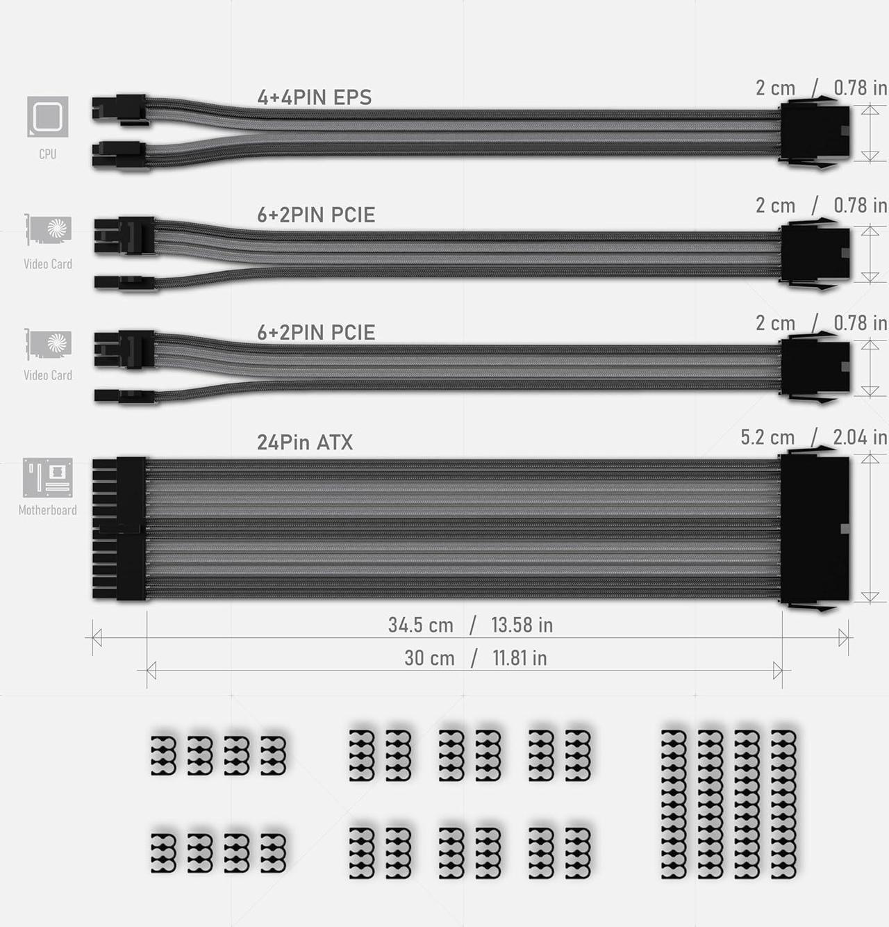 Alt view image 2 of 7 - EZDIY-FAB PSU Extension Cable Sleeved Custom Mod PC Power Supply Cable, Soft Nylon Braided with Comb Kit 24PIN/8PIN to 6+2Pin/ 8PIN to 4+4PIN-30CM 300MM - Black Grey