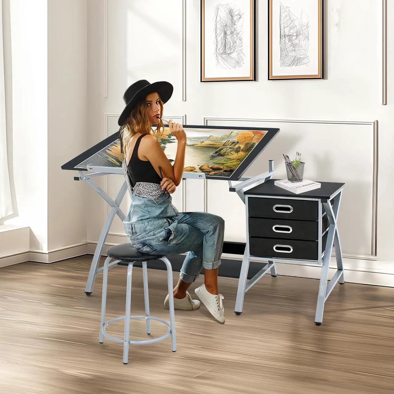 Alt view image 4 of 7 - HomGarden Adjustable Drawing Desk Drafting Table Folding Art Craft Table Station w/Stool and 3 Storage Drawers