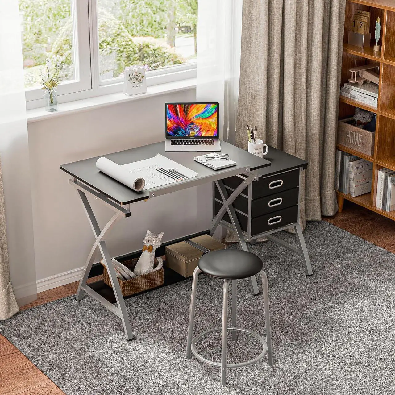 Alt view image 6 of 7 - ZENY Drafting Table and Stool, Tilted Draft Table Desk w/Drawers, Artist Drawing Desk Craft Table for Drafting, Painting, Reading, Writing