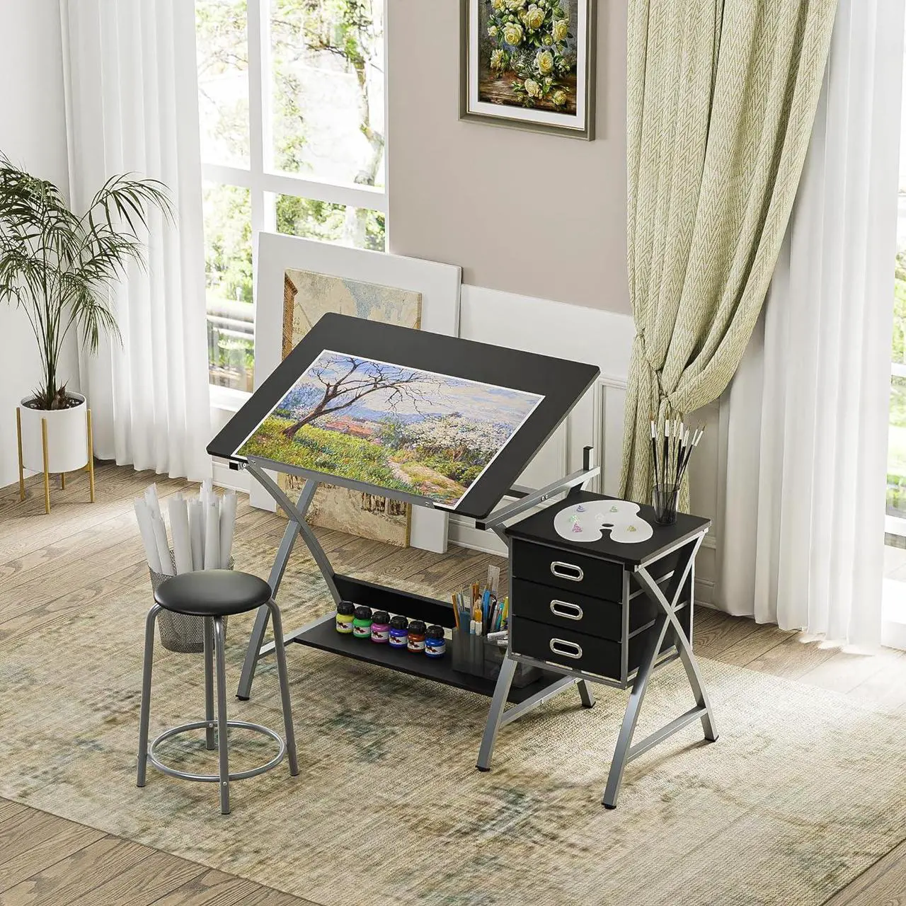 Alt view image 7 of 7 - ZENY Drafting Table and Stool, Tilted Draft Table Desk w/Drawers, Artist Drawing Desk Craft Table for Drafting, Painting, Reading, Writing