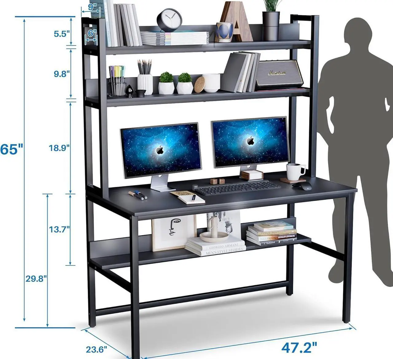 Alt view image 3 of 7 - Computer Desk with Hutch and Bookshelves, Large Leg Room 47 inch Width Black Desk with Space Saving Storage Shelves for Home Office,Study, Work, Easy Assemble and All Hardware and Tools Included