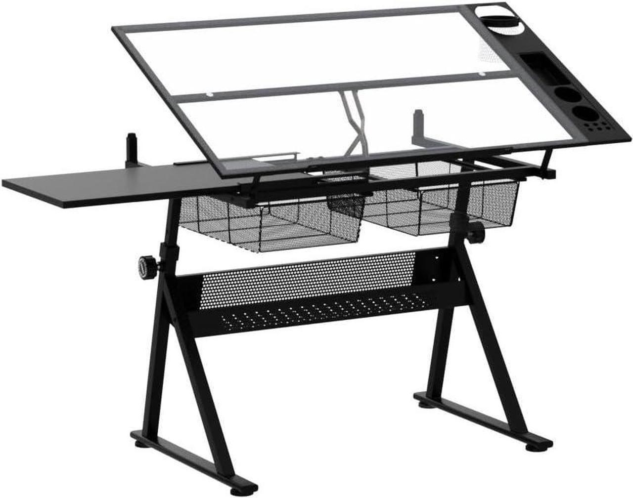 Alt view image 5 of 7 - Height Adjustable Drafting Table - Modern Tempered Glasses Artist Drawing Table Tilted Tabletop with Chair - Glass Topped Art Desk Work Station with Stool for Home Office Black