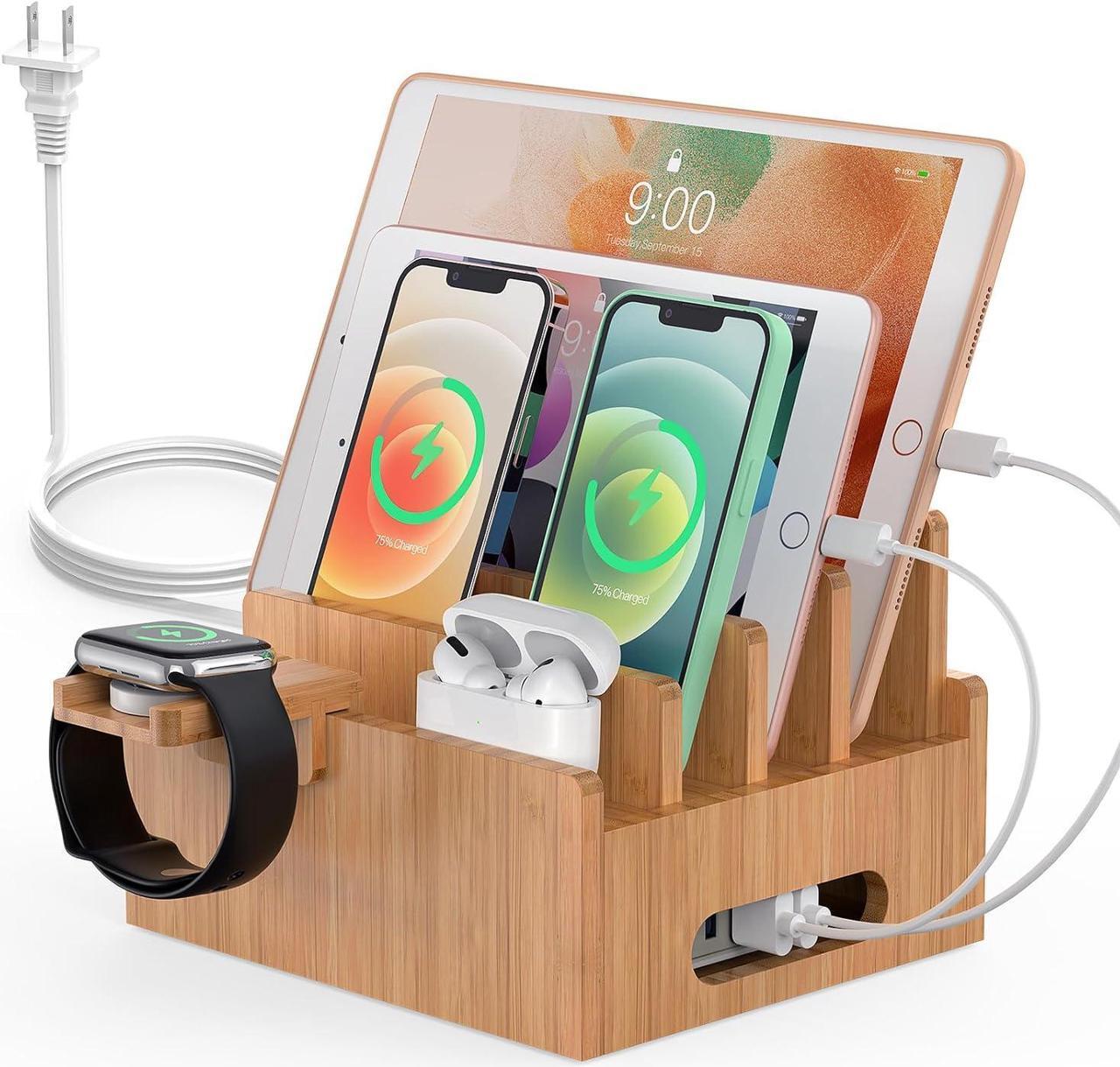 Main image of Bamboo Charging Station for Multiple Devices with 5 Port USB Charger, 5 Cables, Smart Watch & Earbuds Stand, Desk Docking Stations Electronic Organizer for Cell Phone, Tablet