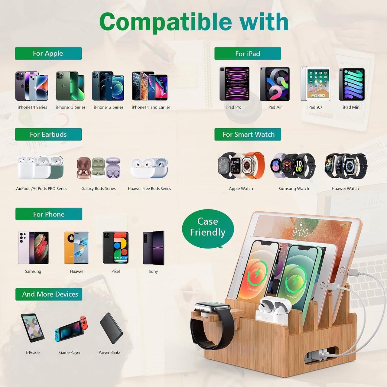 Alt view image 3 of 7 - Bamboo Charging Station for Multiple Devices with 5 Port USB Charger, 5 Cables, Smart Watch & Earbuds Stand, Desk Docking Stations Electronic Organizer for Cell Phone, Tablet