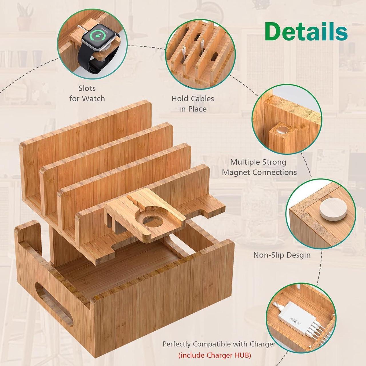 Alt view image 4 of 7 - Bamboo Charging Station for Multiple Devices with 5 Port USB Charger, 5 Cables, Smart Watch & Earbuds Stand, Desk Docking Stations Electronic Organizer for Cell Phone, Tablet