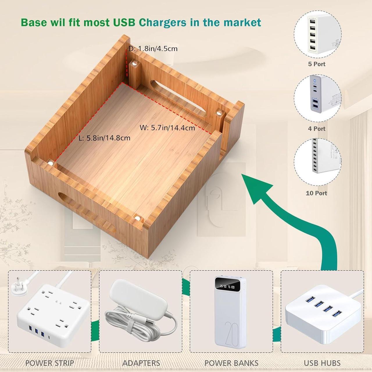 Alt view image 6 of 7 - Bamboo Charging Station for Multiple Devices with 5 Port USB Charger, 5 Cables, Smart Watch & Earbuds Stand, Desk Docking Stations Electronic Organizer for Cell Phone, Tablet