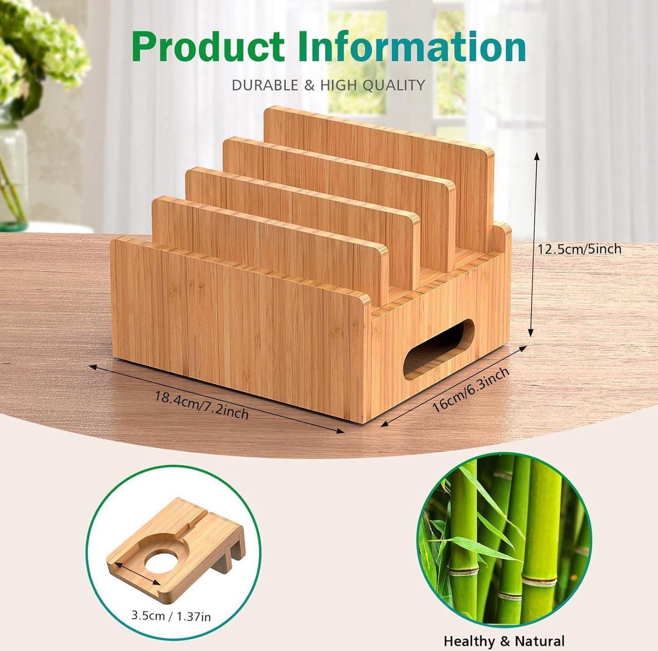 Alt view image 7 of 7 - Bamboo Charging Station for Multiple Devices with 5 Port USB Charger, 5 Cables, Smart Watch & Earbuds Stand, Desk Docking Stations Electronic Organizer for Cell Phone, Tablet