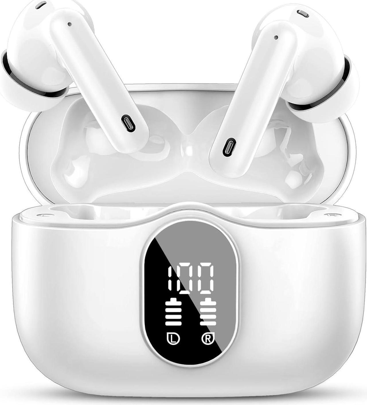 Wireless Earbuds, Bluetooth Headphones 5.3 HiFi Stereo, Wireless Earphones with ENC Noise Cancelling Mic, IP7 Waterproof in Ear Wireless Headphones, Touch Control, LED Digital Display Ear Buds White