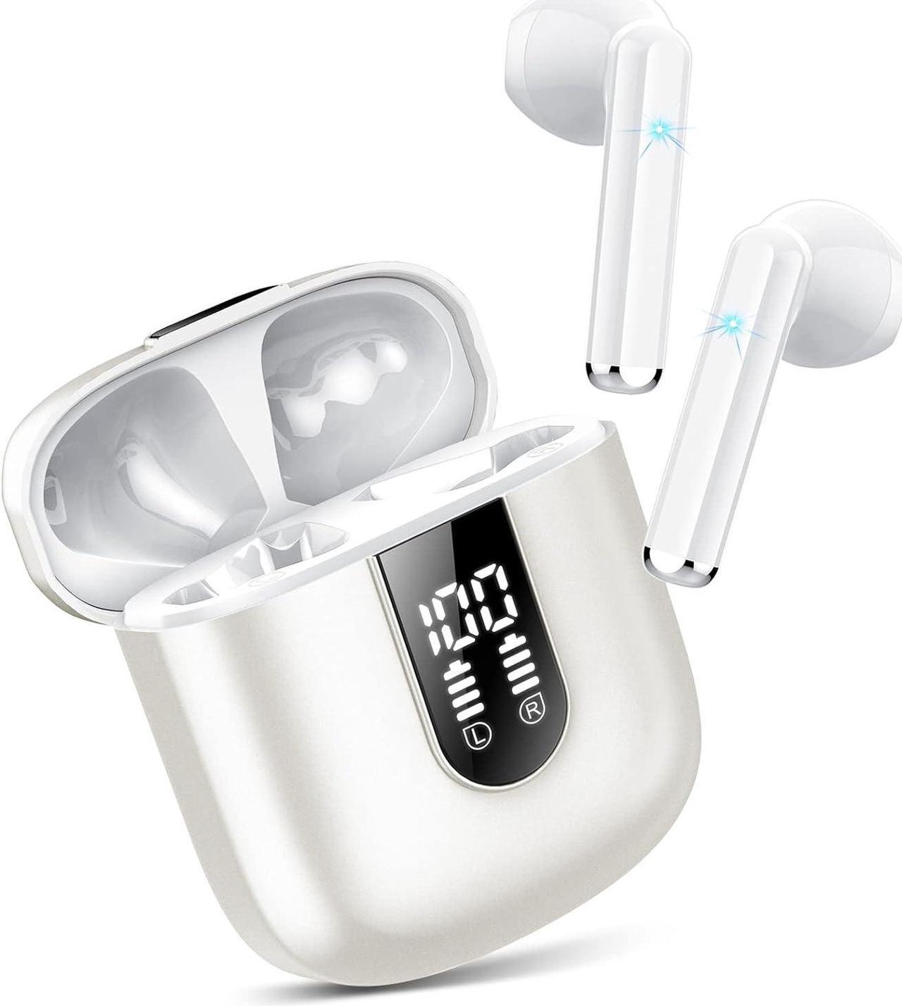 Wireless Earbuds, Bluetooth 5.3 Headphones HiFi Stereo, Mini in-Ear Bluetooth Earbuds, Wireless Earphones with 4 ENC Noise Cancelling Mic, IP7 Waterproof, LED Display, Touch Control Ear Buds, White