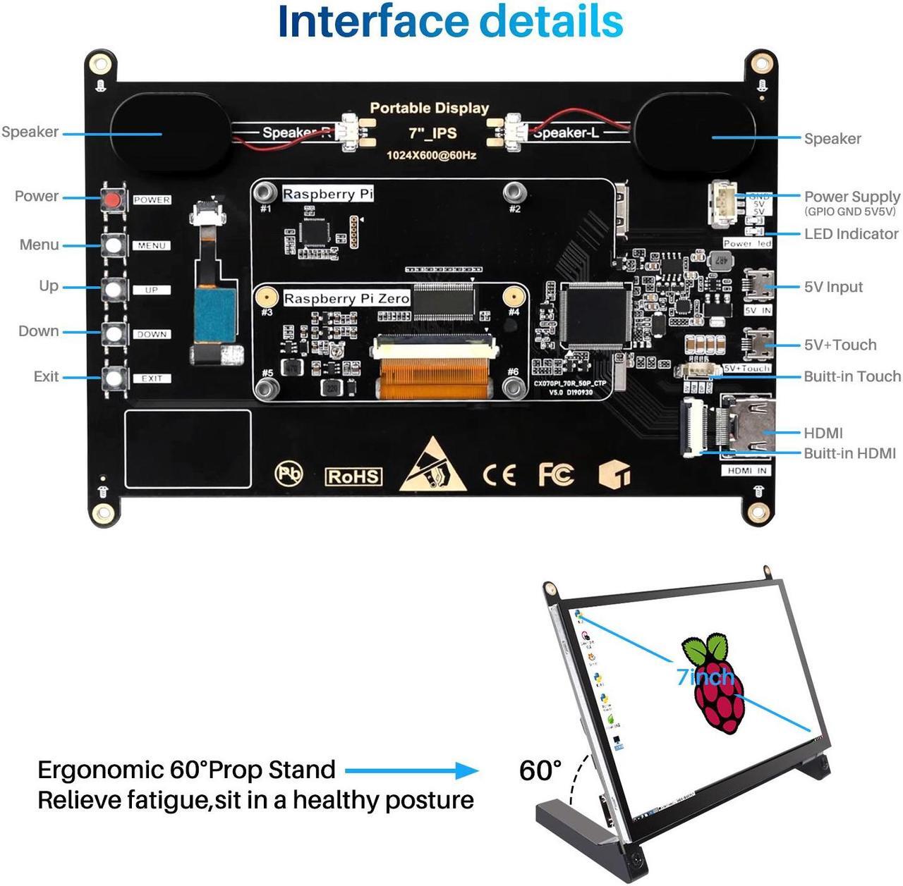 Alt view image 4 of 7 - Unew Portable Monitor 7 inch Raspberry Pi 4 3 A+ Touchscreen 1024X600 IPS Display Speaker USB HDMI Computer Monitors Banana Pi No Shell Screen