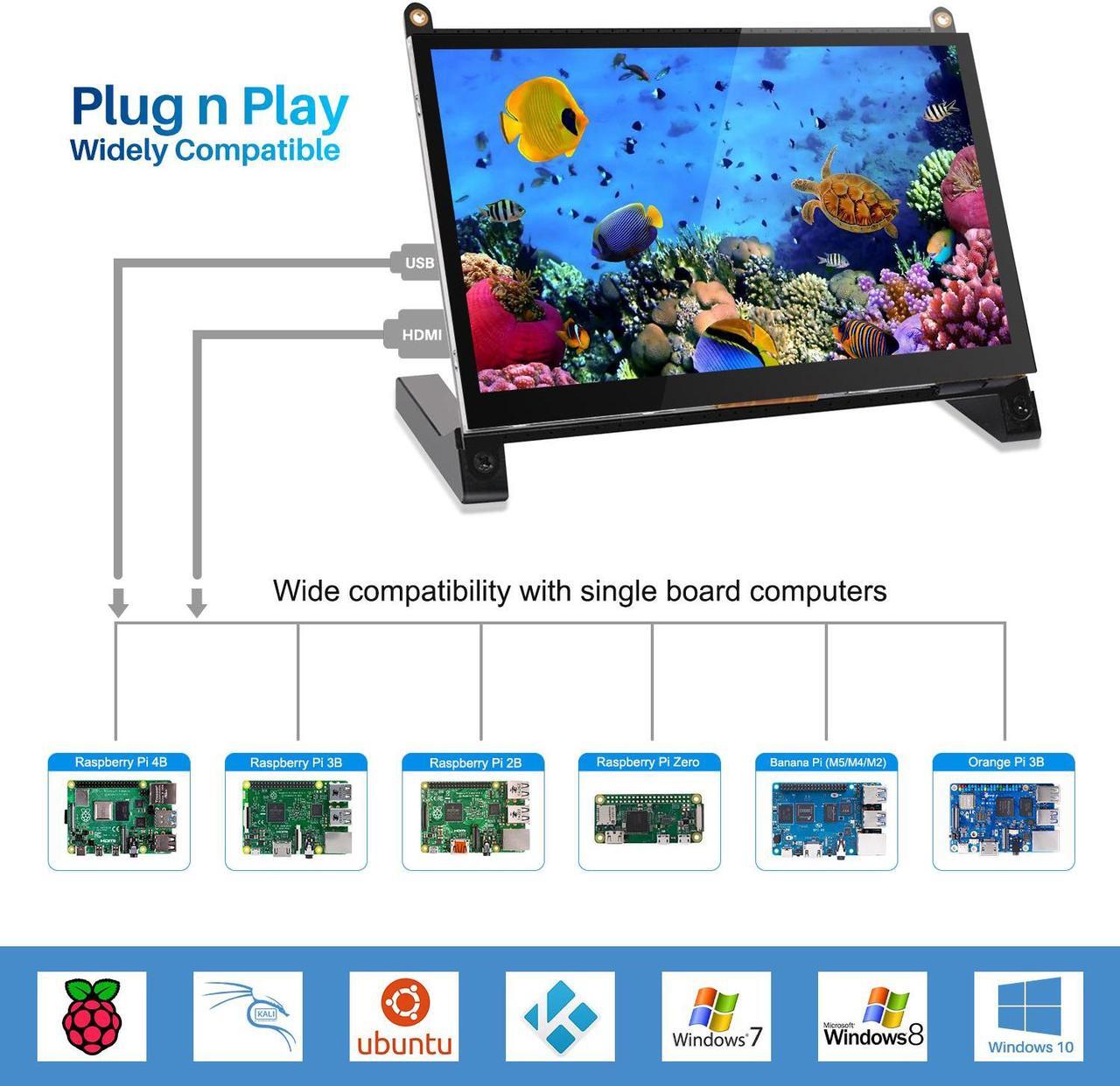 Alt view image 7 of 7 - Unew Portable Monitor 7 inch Raspberry Pi 4 3 A+ Touchscreen 1024X600 IPS Display Speaker USB HDMI Computer Monitors Banana Pi No Shell Screen