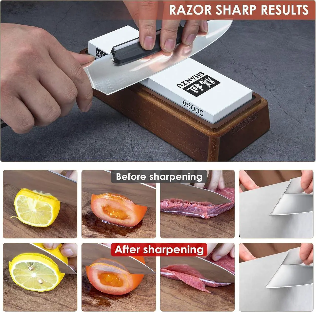 Alt view image 4 of 6 - SHAN ZU 2 Pcs Knife Sharpener Stone Set with Storage Box Whetstone Grit 1000/5000 Knife Sharpening Stone with Non-Slip Silicone Base and Angle Guide Whetstone Knife Sharpening Kit for Kitchen Knives