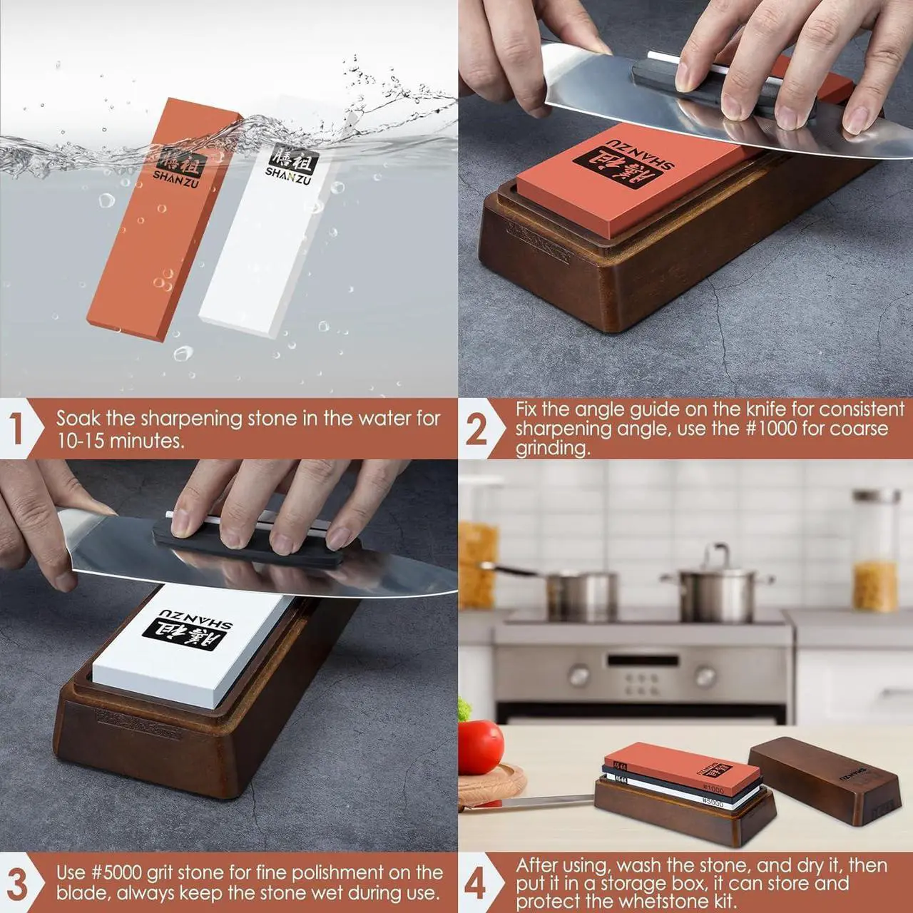 Alt view image 3 of 6 - SHAN ZU 2 Pcs Knife Sharpener Stone Set with Storage Box Whetstone Grit 1000/5000 Knife Sharpening Stone with Non-Slip Silicone Base and Angle Guide Whetstone Knife Sharpening Kit for Kitchen Knives