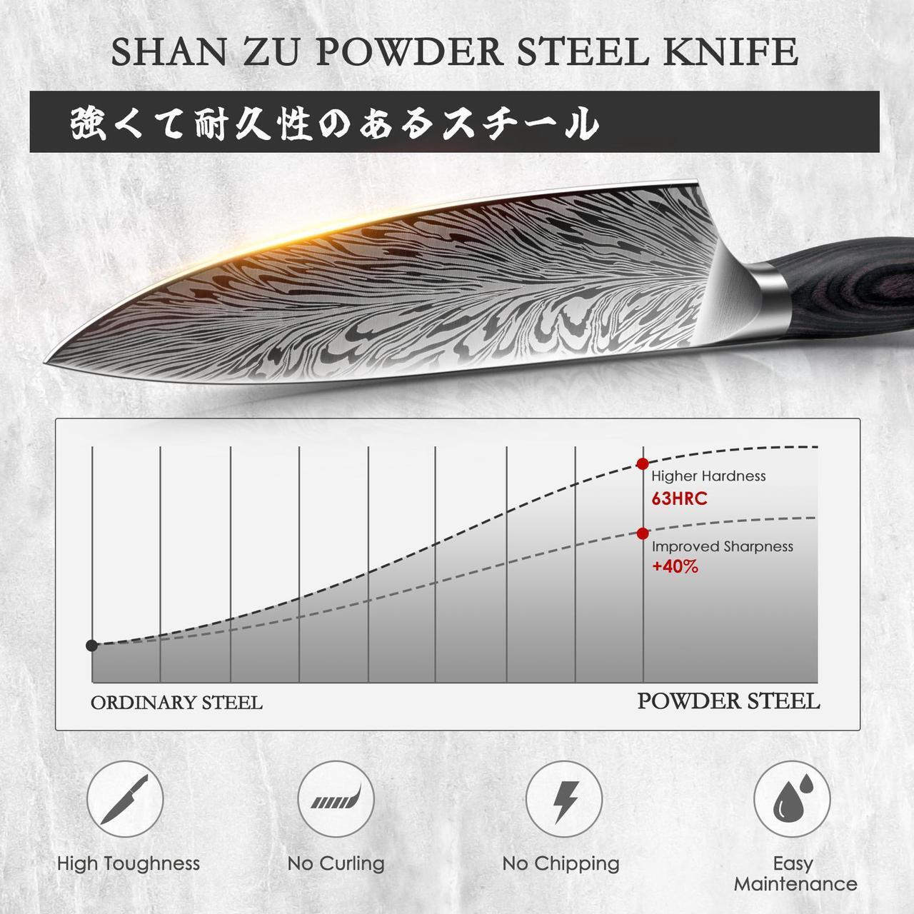 Alt view image 4 of 7 - SHAN ZU Chef Knife in Powder Steel, Japanese Kitchen Knife 8 Inch, Ultra Sharp Chef's Knife, High Carbon Japanese Knife with Ergonomic Pakkawood Handle Professional Utility Knives for Meat Vegetable