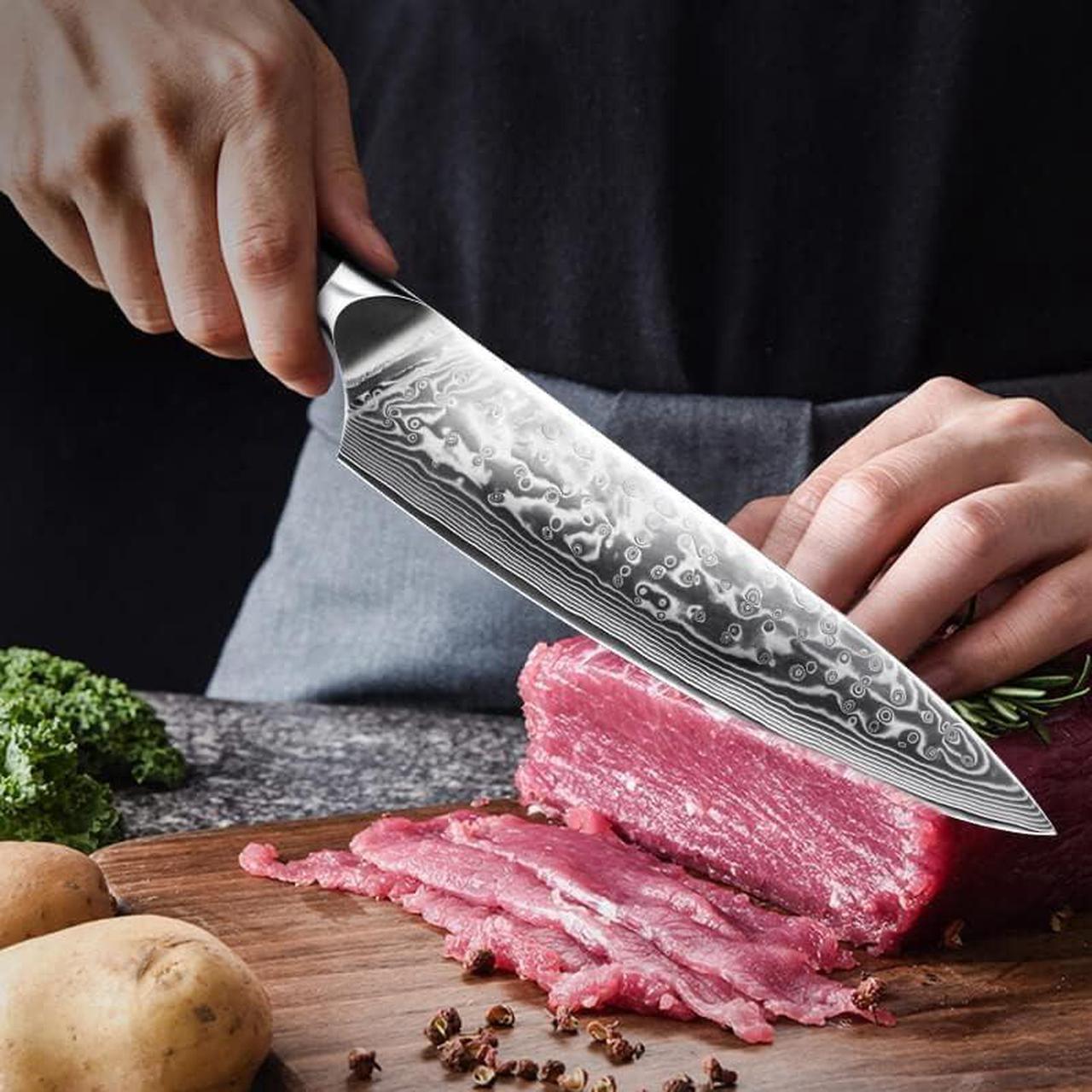Alt view image 3 of 7 - SHAN ZU Damascus Kitchen Knife Set, 7-Piece Professional Knife Sets for Chefs, Japanese Super Steel Damascus Kitchen Knife Set With G10 Handle Knife Block Set