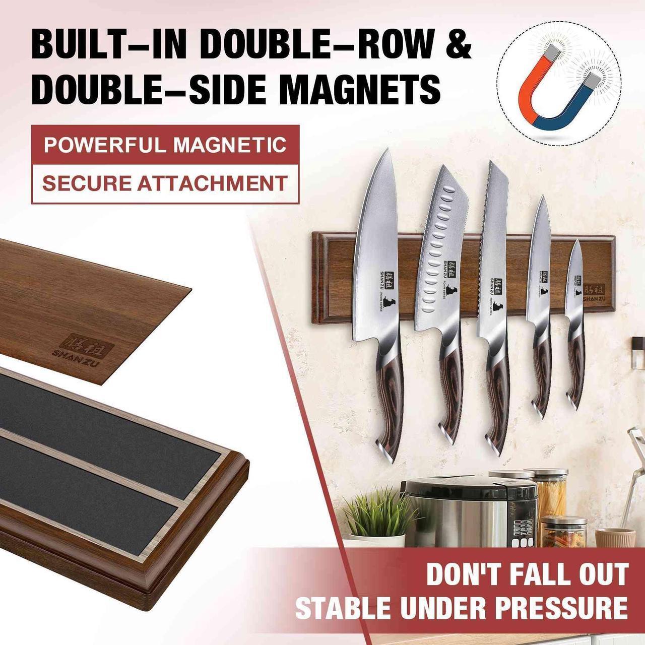 Alt view image 4 of 7 - Shan Zu Magnetic Knife Holder for Wall 12 Inch, Powerful Magnetic Knife Strip, Acacia Wood Magnet Knife Rack for Kitchen Knives & Tools